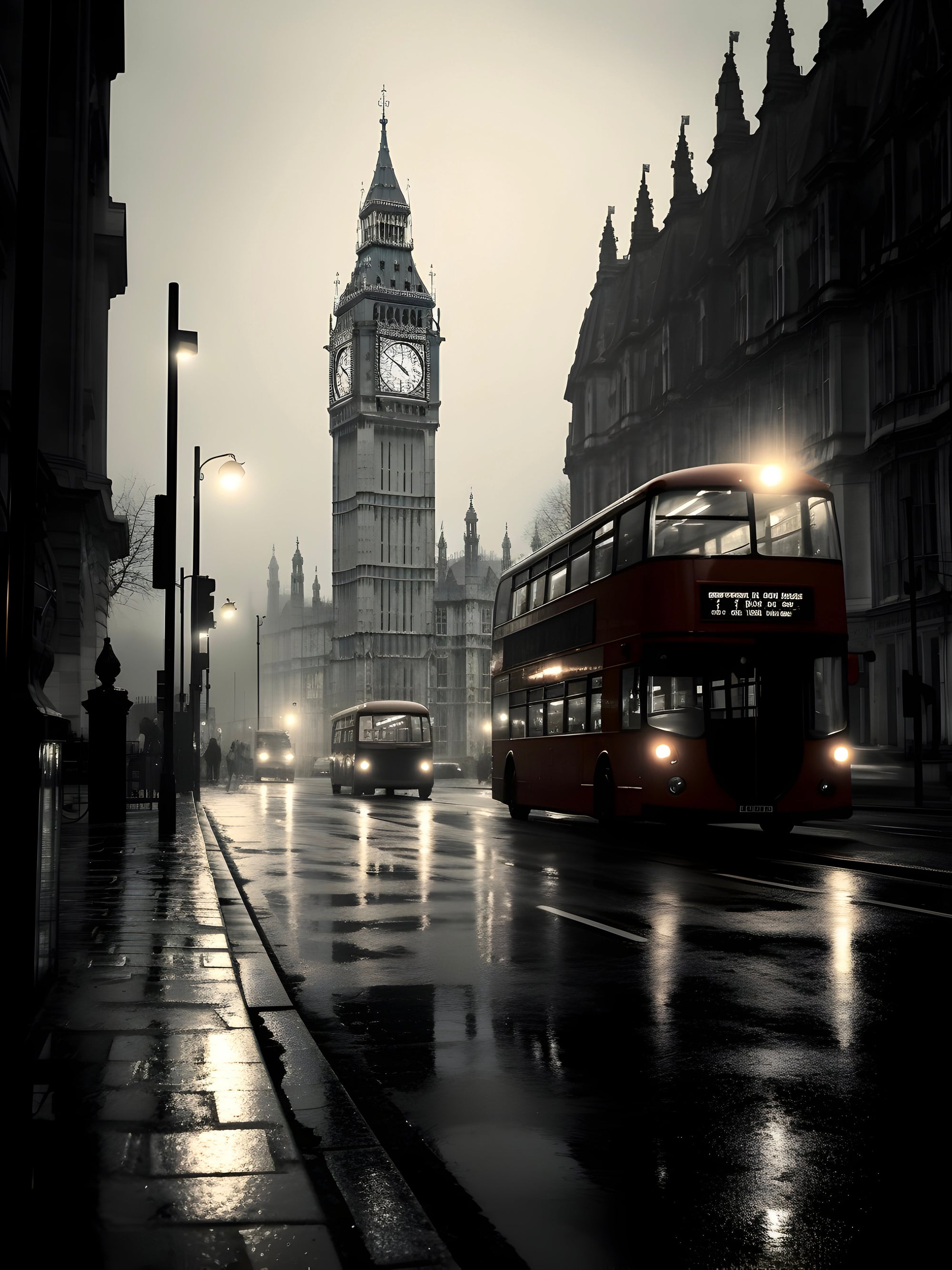 Tableau Londres Rue Pluie Big Ben - Déco Murale Moderne - Fabulartz.fr