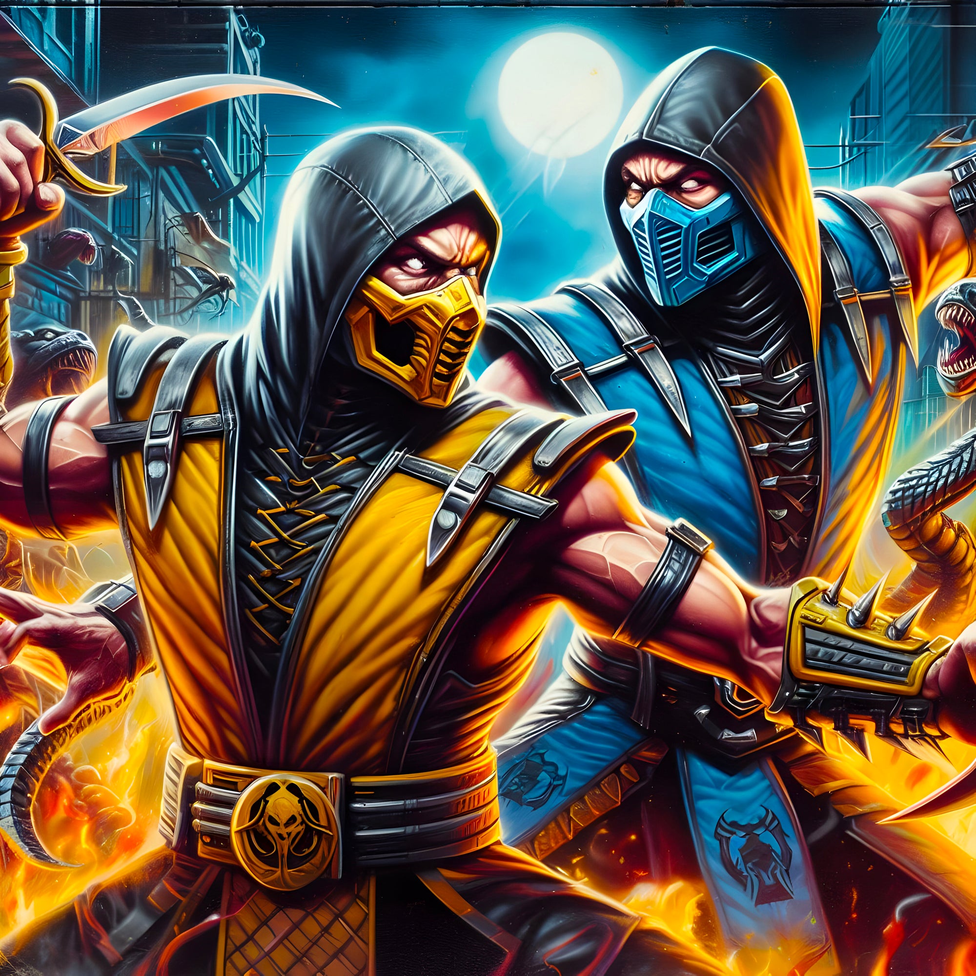 Tableau Mortal Kombat Scorpion & Sub-Zero en Duo - Décoration Murale - Fabulartz.fr