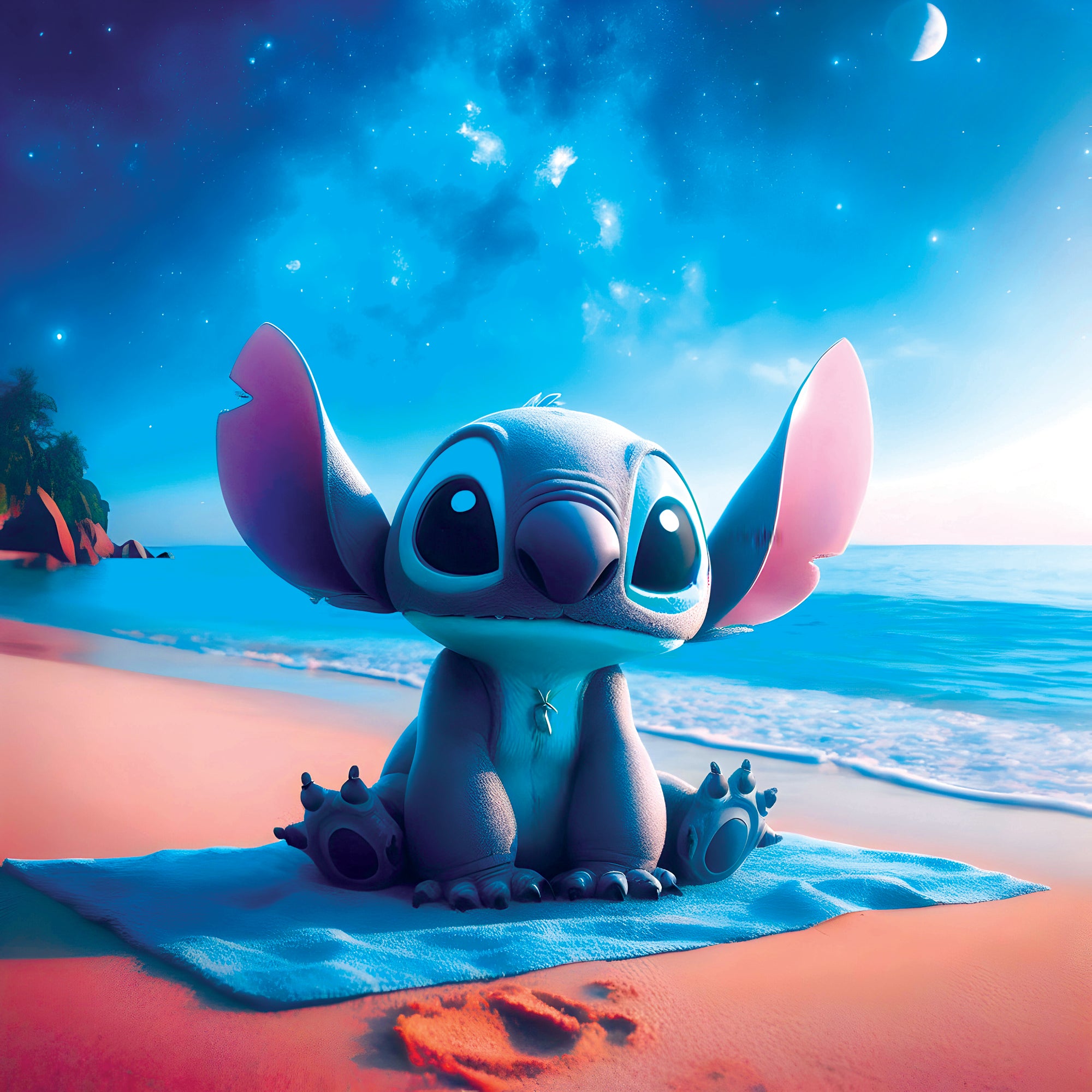 Tableau Stitch Nuit Plage - Décoration Murale Design - Fabulartz.fr
