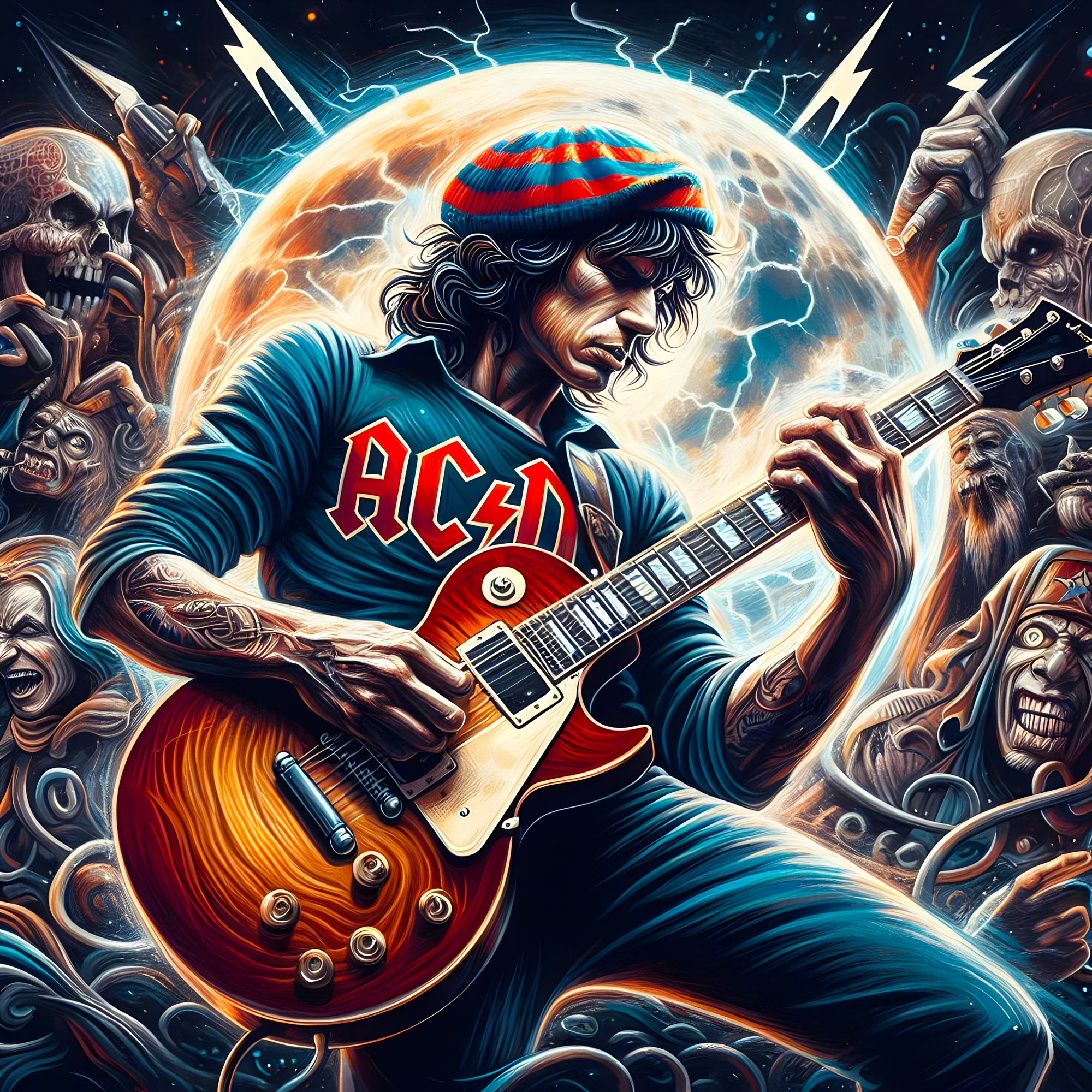 Tableau ACDC Guitariste et Lune - Décoration Murale Design - Fabulartz.fr
