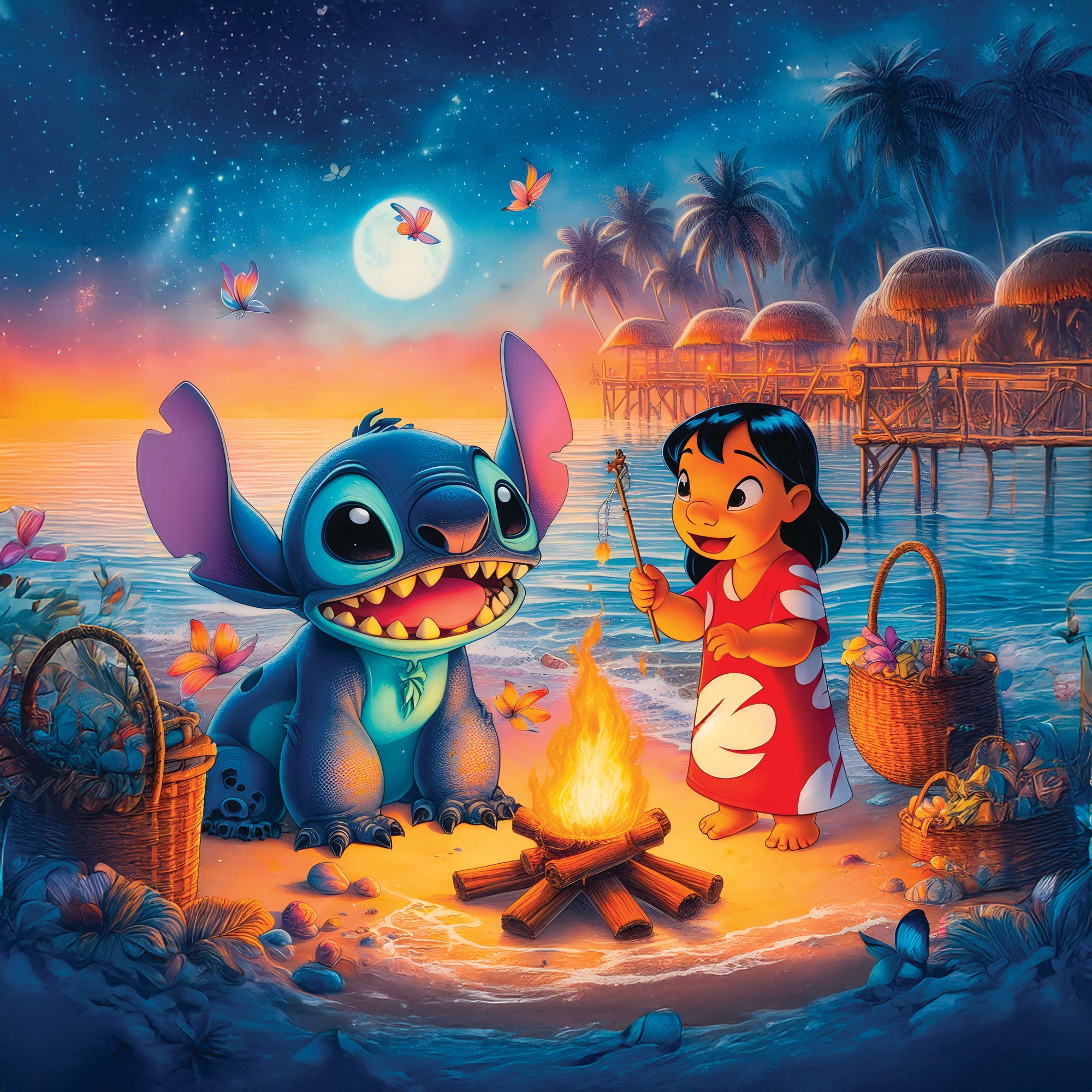 Tableau Stitch Feu De Camp - Déco Murale Moderne - Fabulartz.fr