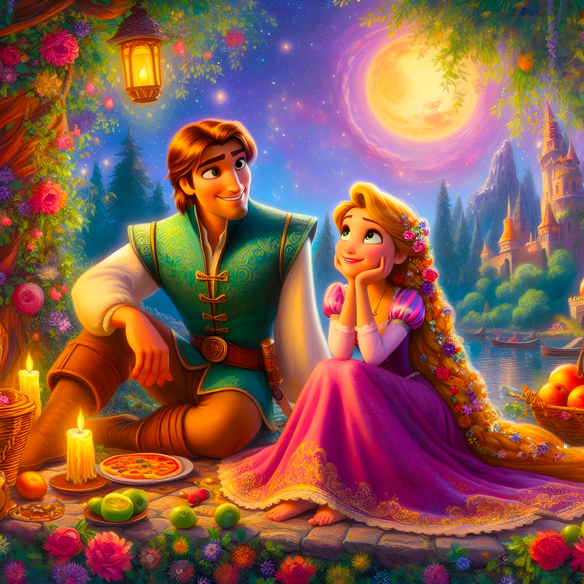 Tableau Raiponce Et Flynn Sous La Lune - Décoration Murale - Fabulartz.fr