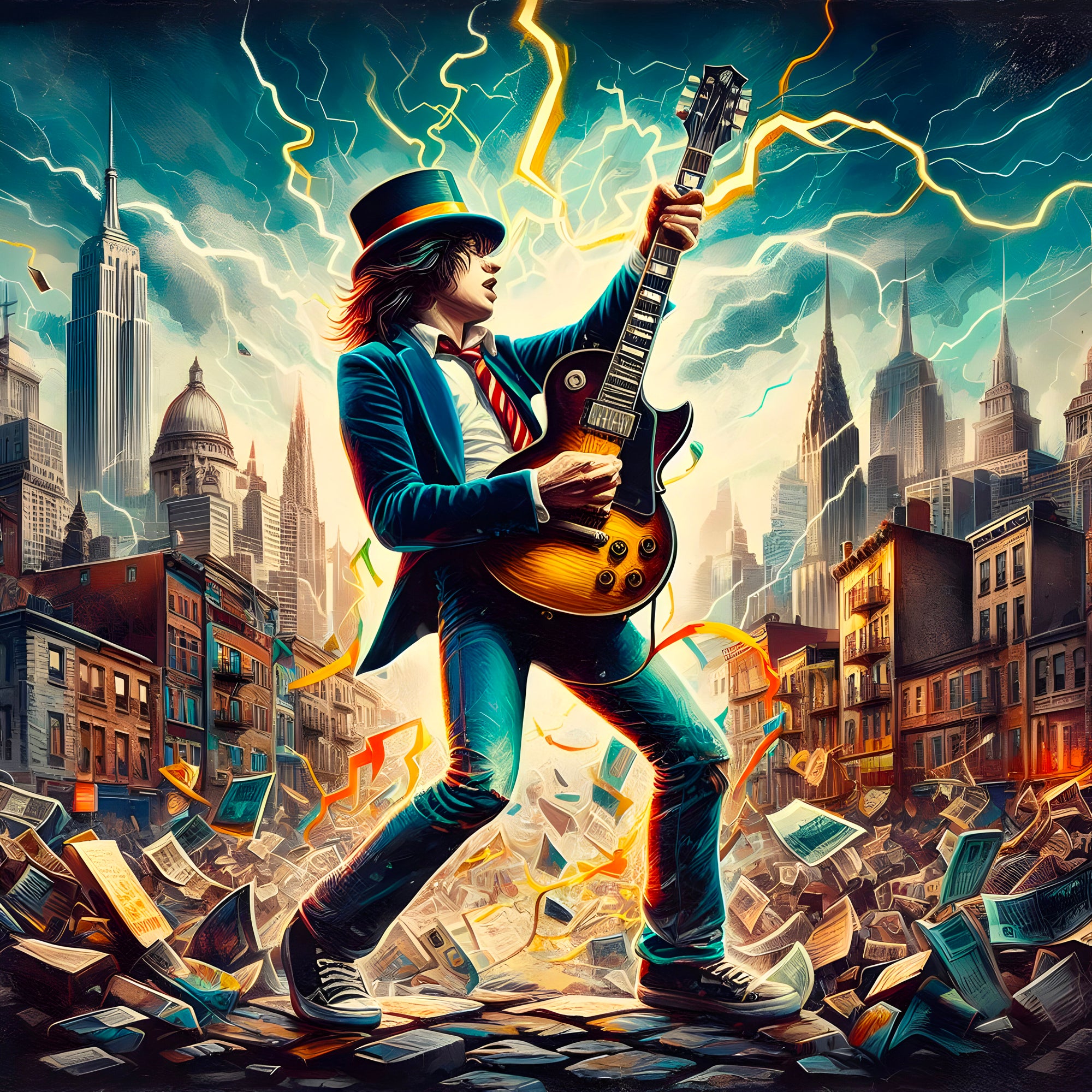 Tableau ACDC Guitariste en Ville - Décoration Murale Design - Fabulartz.fr