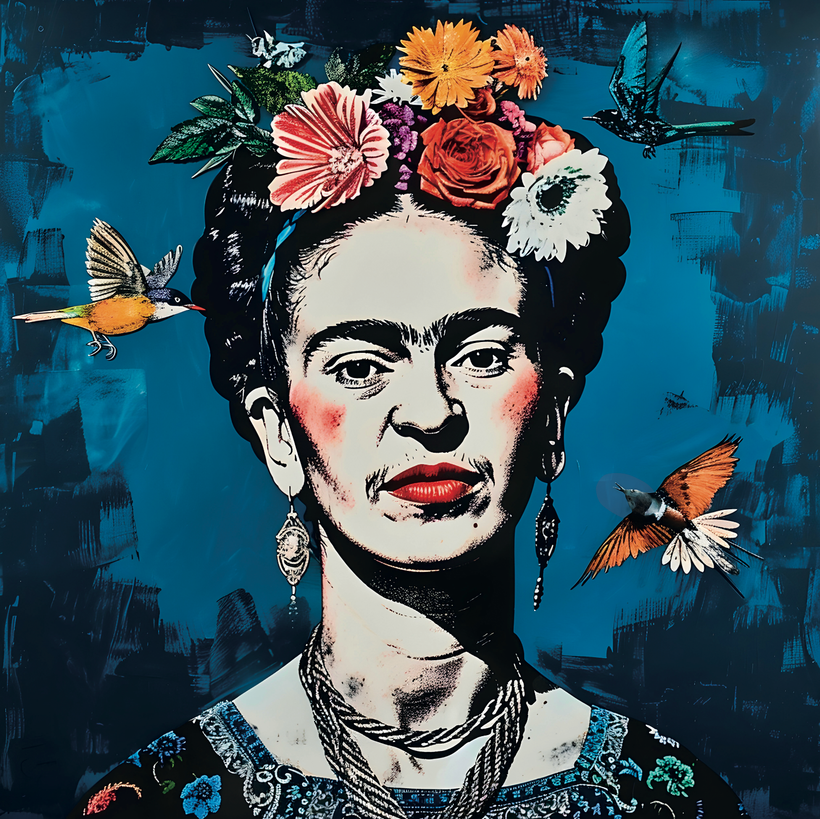 Tableau Frida Kahlo avec Fleurs et Papillons - Cadre Déco Vivant - Fabulartz.fr