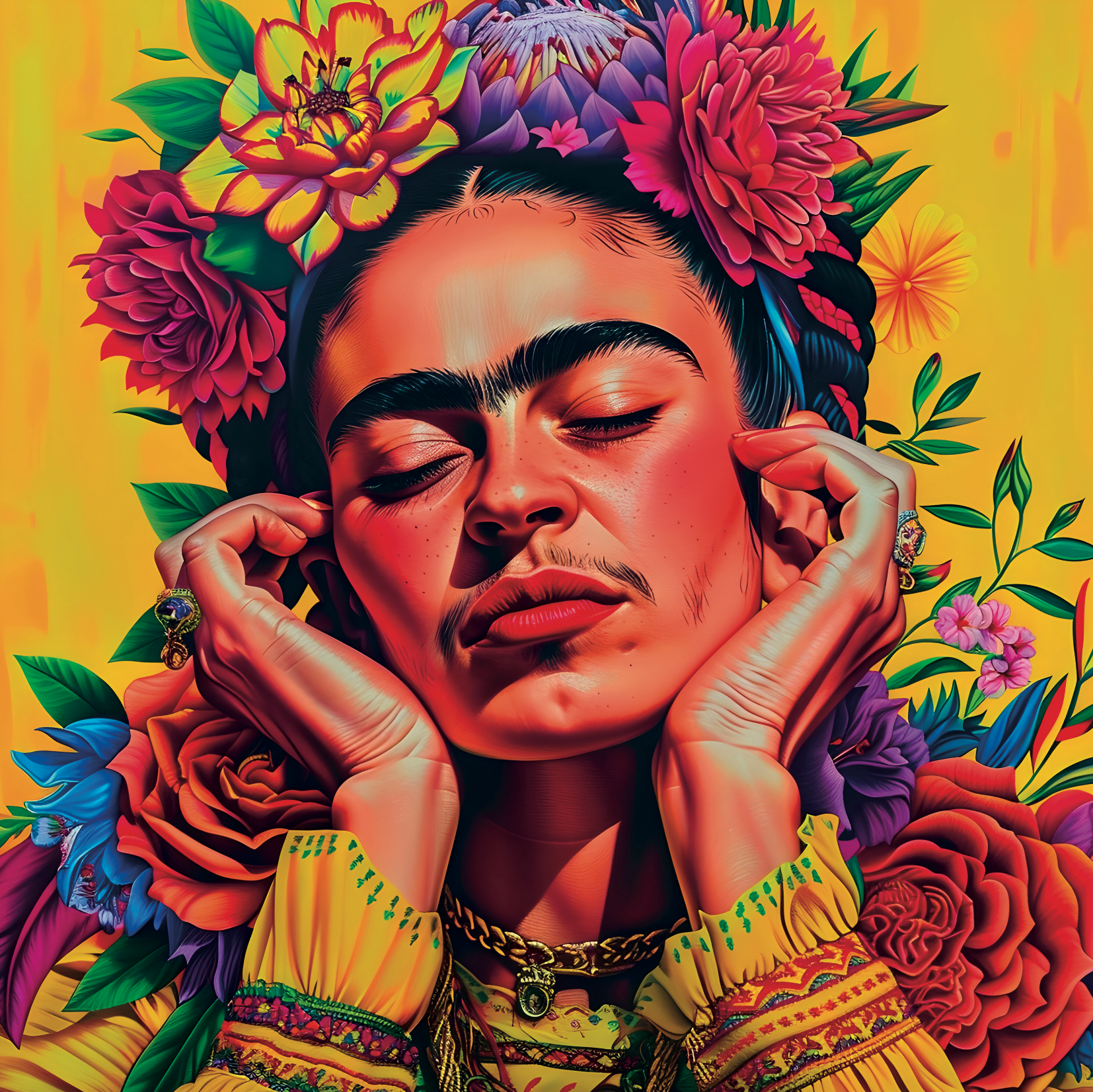 Tableau Floral Frida Kahlo - Décoration Murale Colorée - Fabulartz.fr