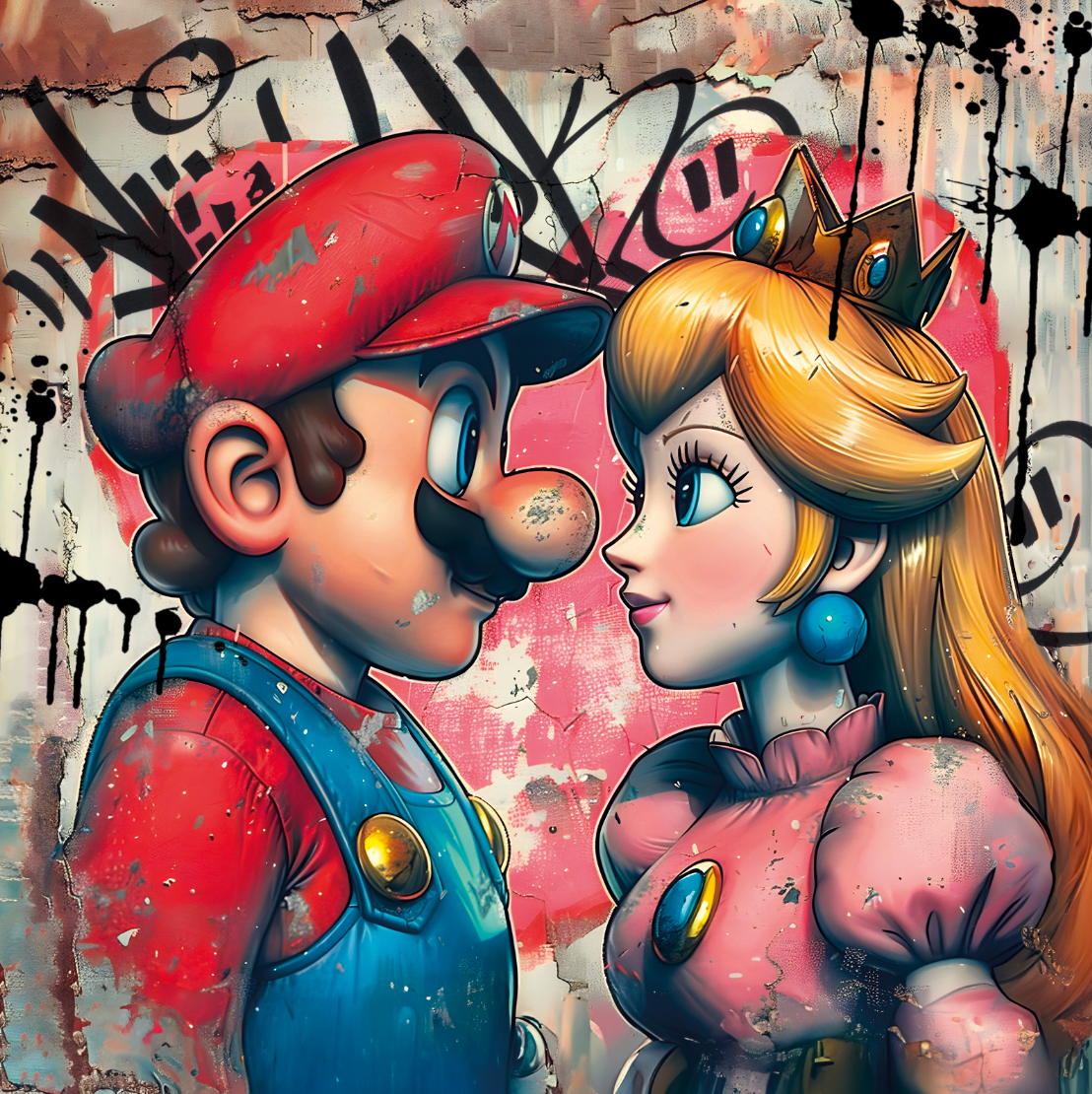 Tableau Mario et Princesse Peach Graffiti - Décoration Murale Romantique - Fabulartz.fr