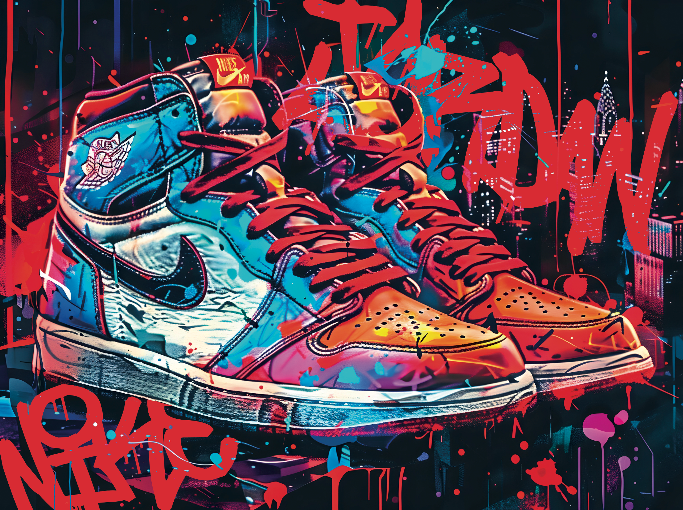 Tableau Sneakers Nike Grafitti Rouge et Bleu - Décoration Murale Design - Fabulartz.fr