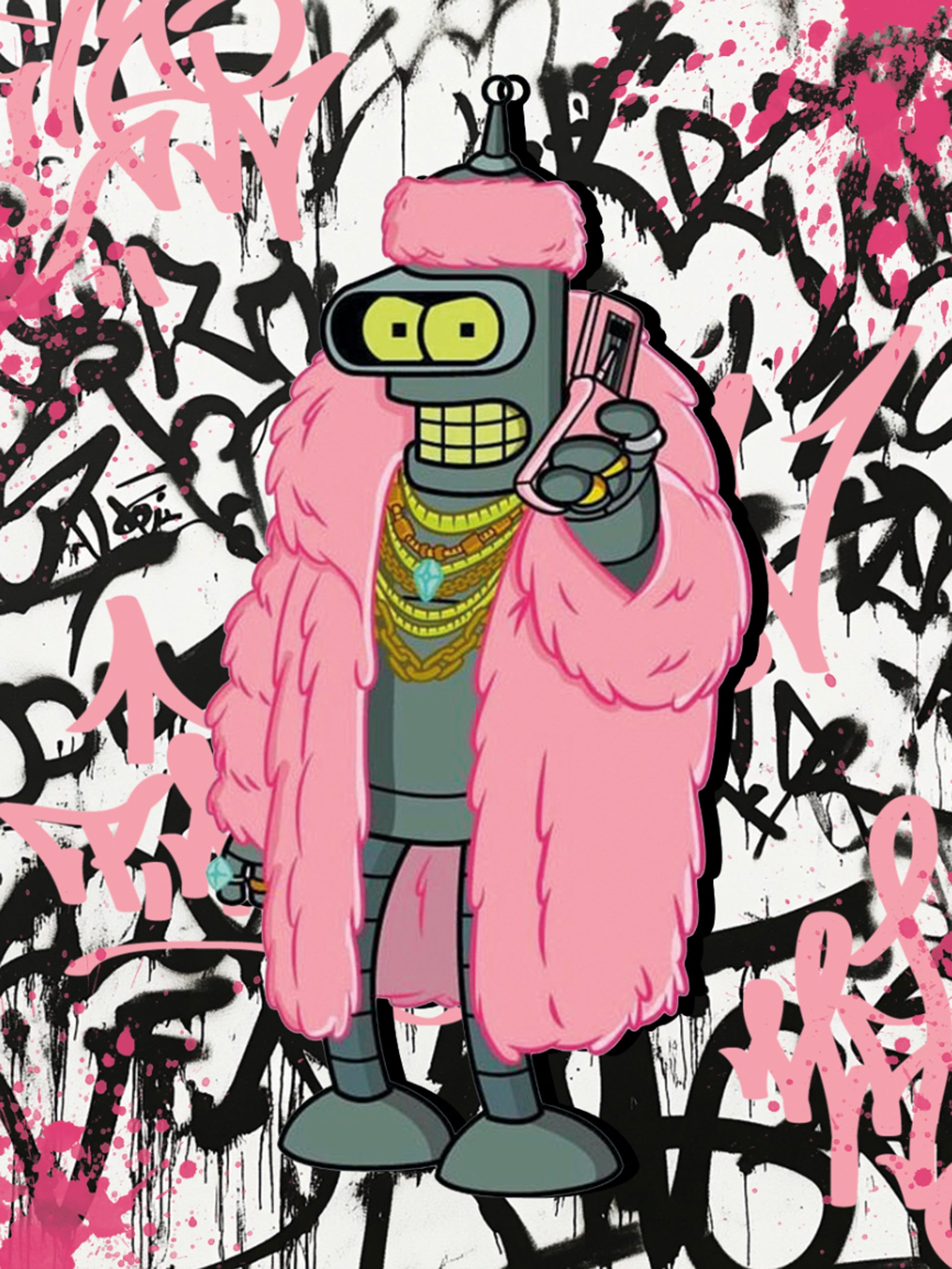 Tableau Futurama Bender - Style Street Art Graffiti Pink - Fabulartz.fr