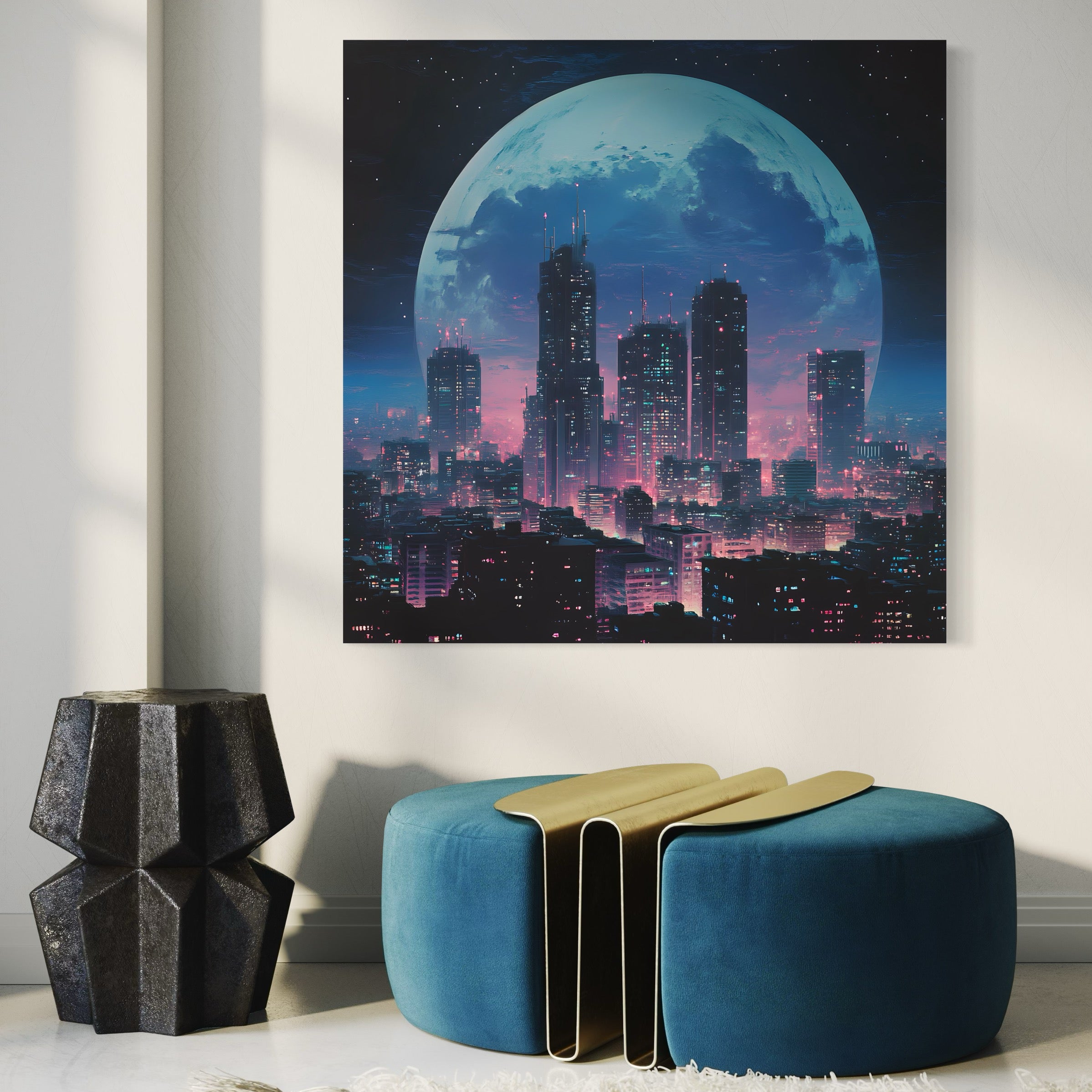 Tableau Espace Ville Futuriste et Lune - Décoration Murale Design - Fabulartz.fr