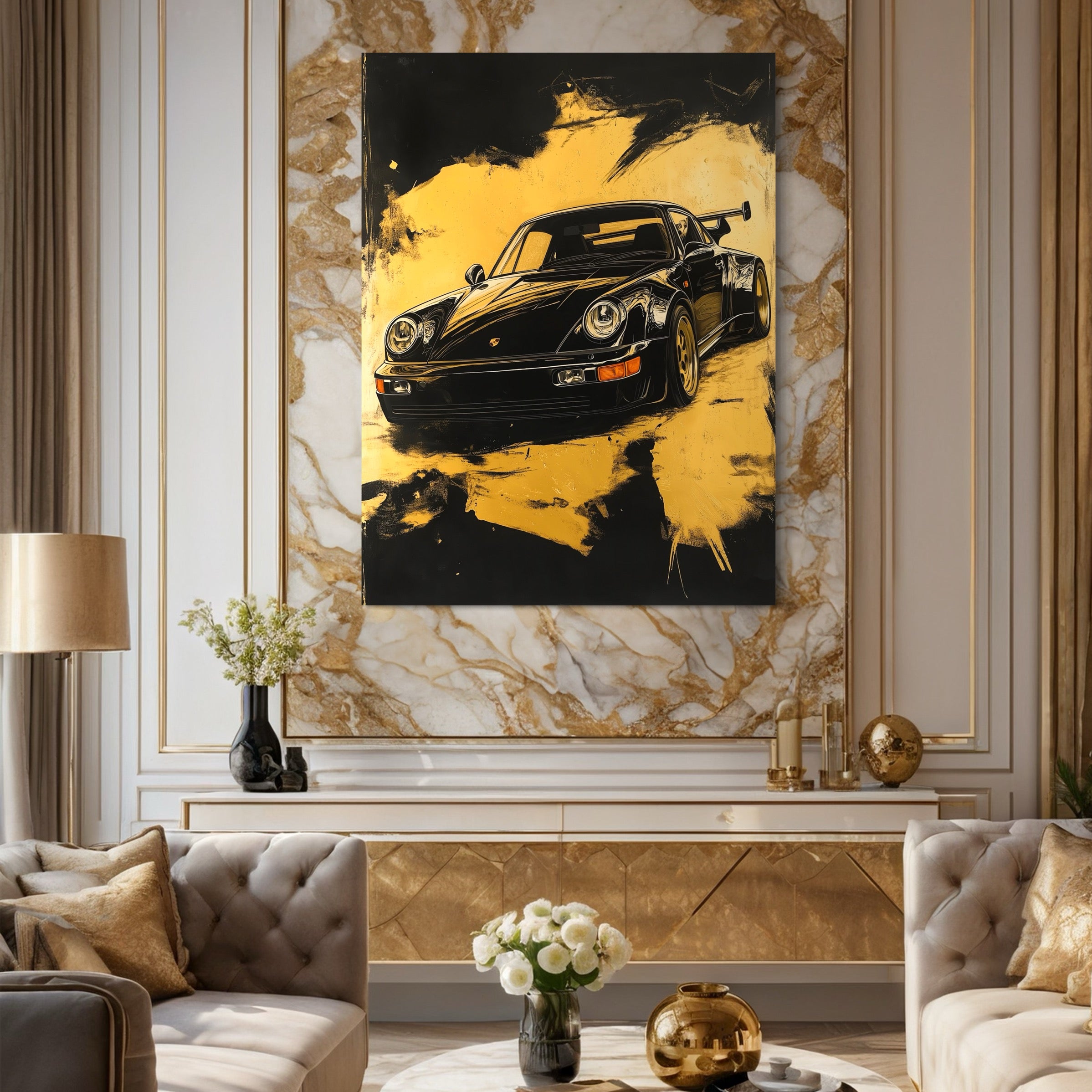 Tableau Porsche Dorée en Mouvement – Décoration Murale Design - Fabulartz.fr
