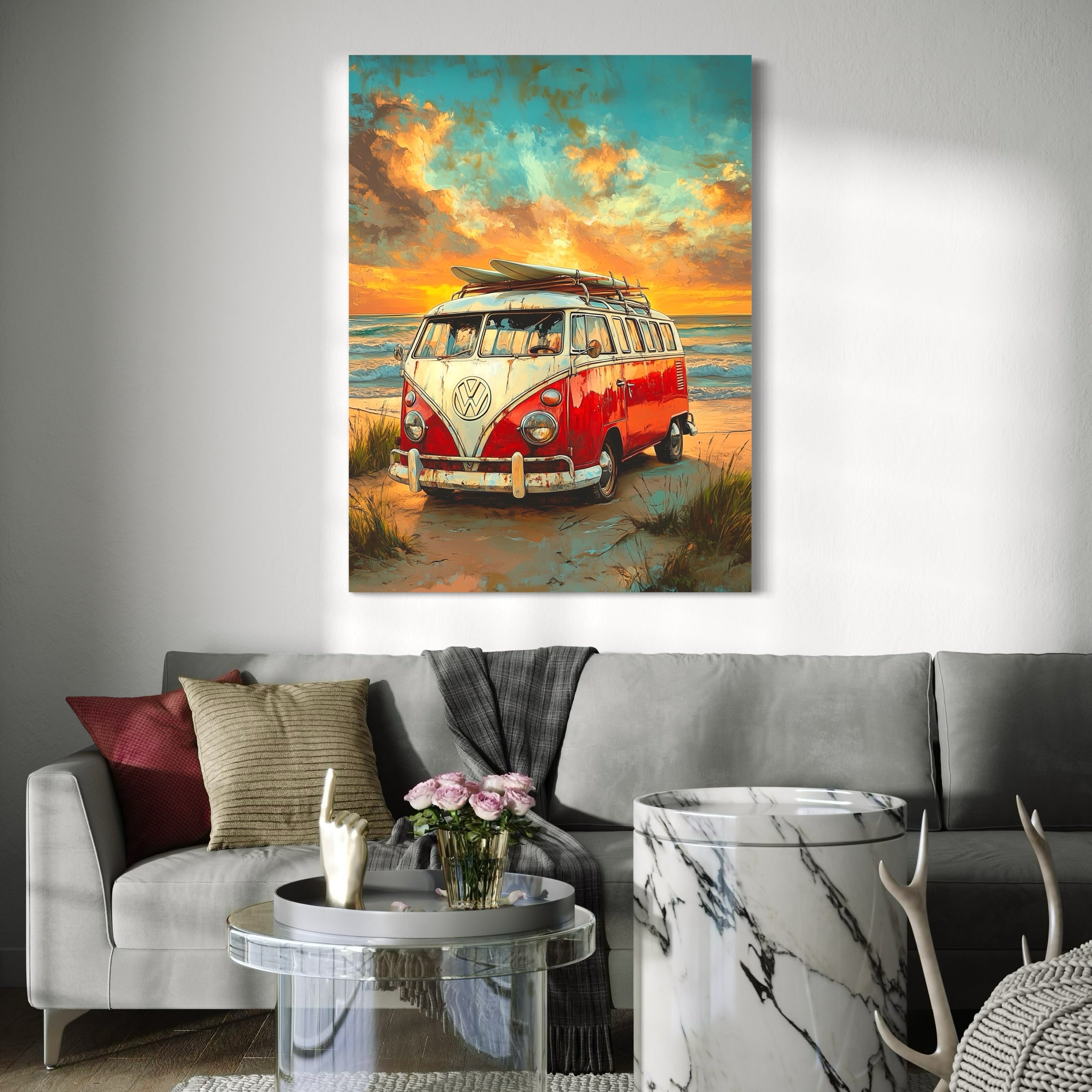 Tableau Volkswagen Combi Rouge Plage - Décoration Murale Déco - Fabulartz.fr