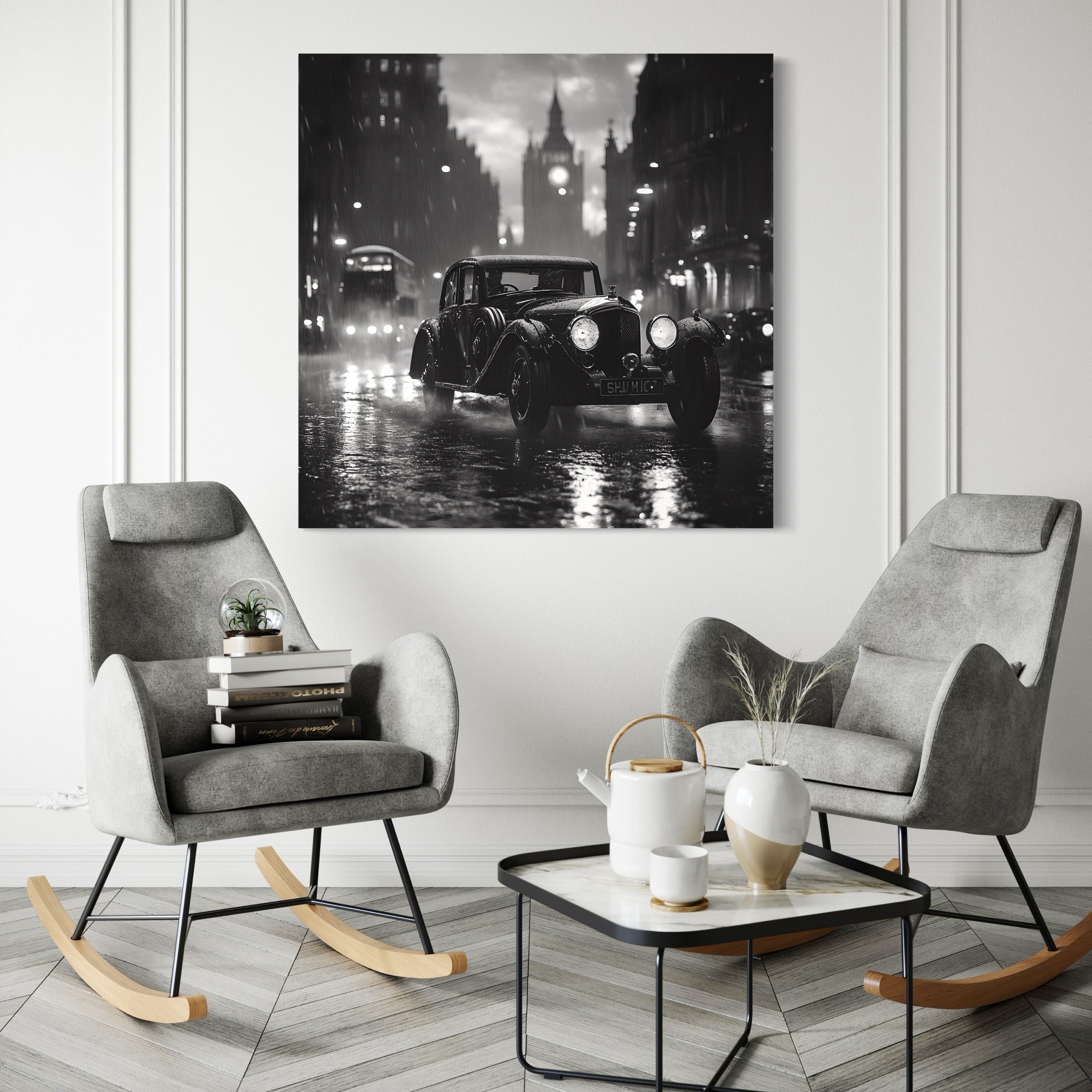 Tableau Londres Voiture Vintage Pluie - Cadre Mural Moderne - Fabulartz.fr