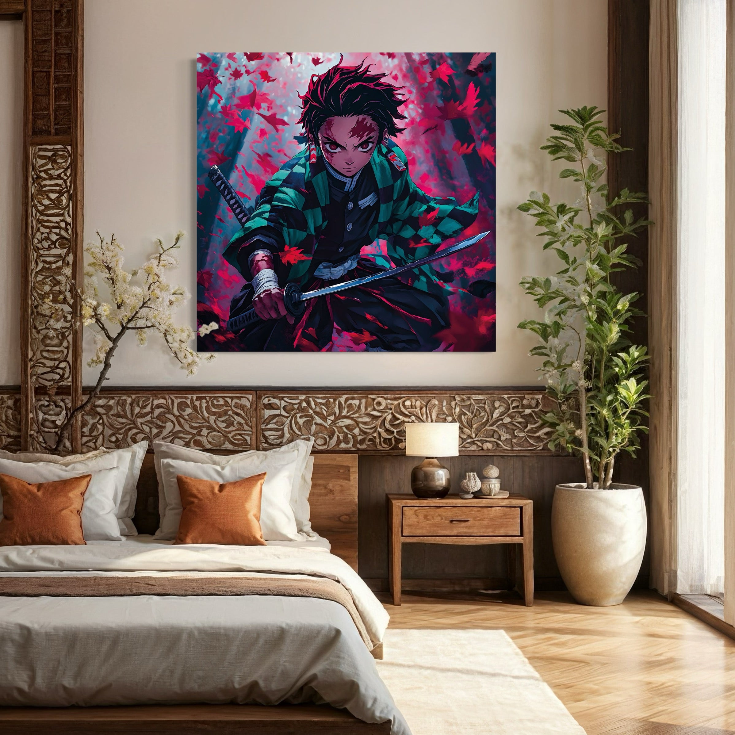 Tableau Demon Slayer Tanjiro Feuillage Rouge - Décoration Intérieure - Fabulartz.fr