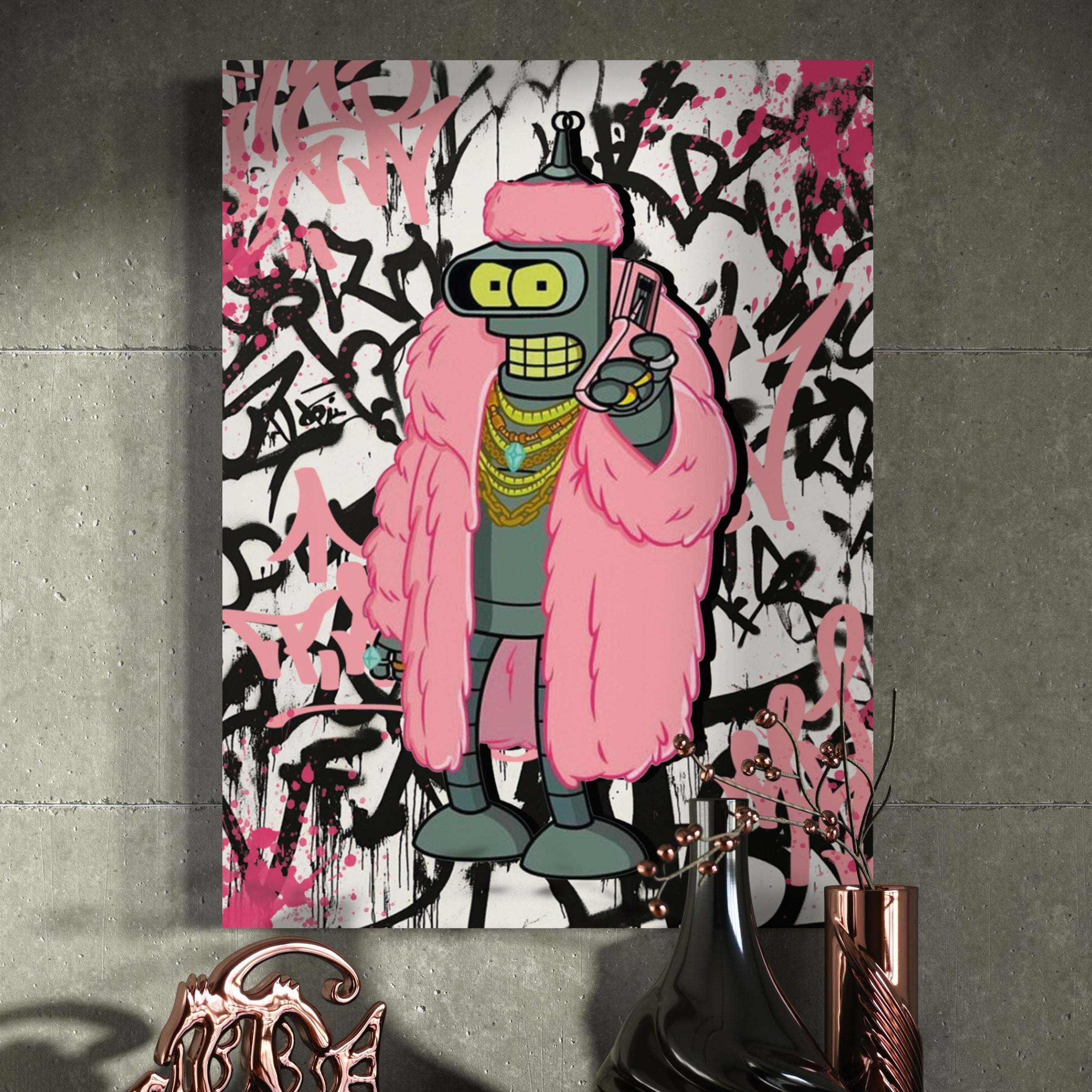 Tableau Futurama Bender - Style Street Art Graffiti Pink - Fabulartz.fr