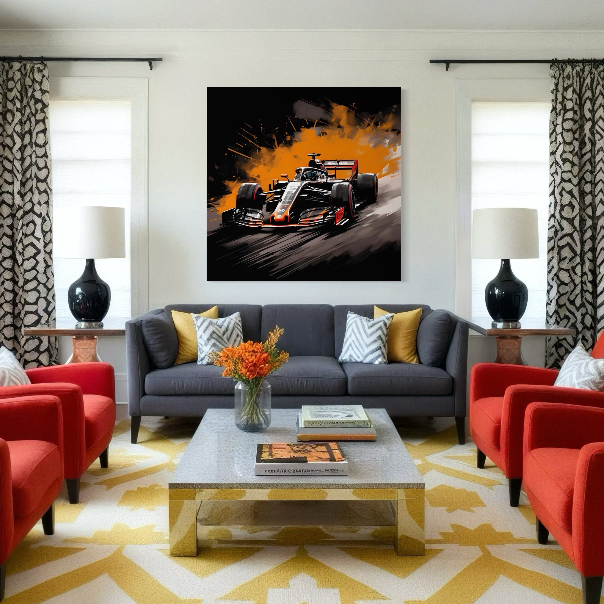 Tableau Formule 1 Fond Orange - Déco Murale Design - Fabulartz.fr