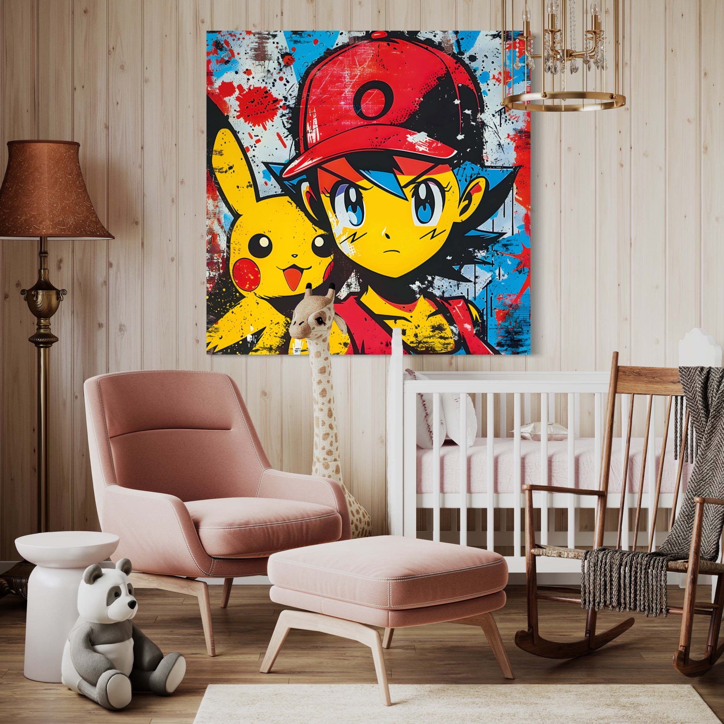 Tableau Coloré de Sacha et Pikachu - Cadre Déco Inspirant pour Chambre d'Enfant - Fabulartz.fr