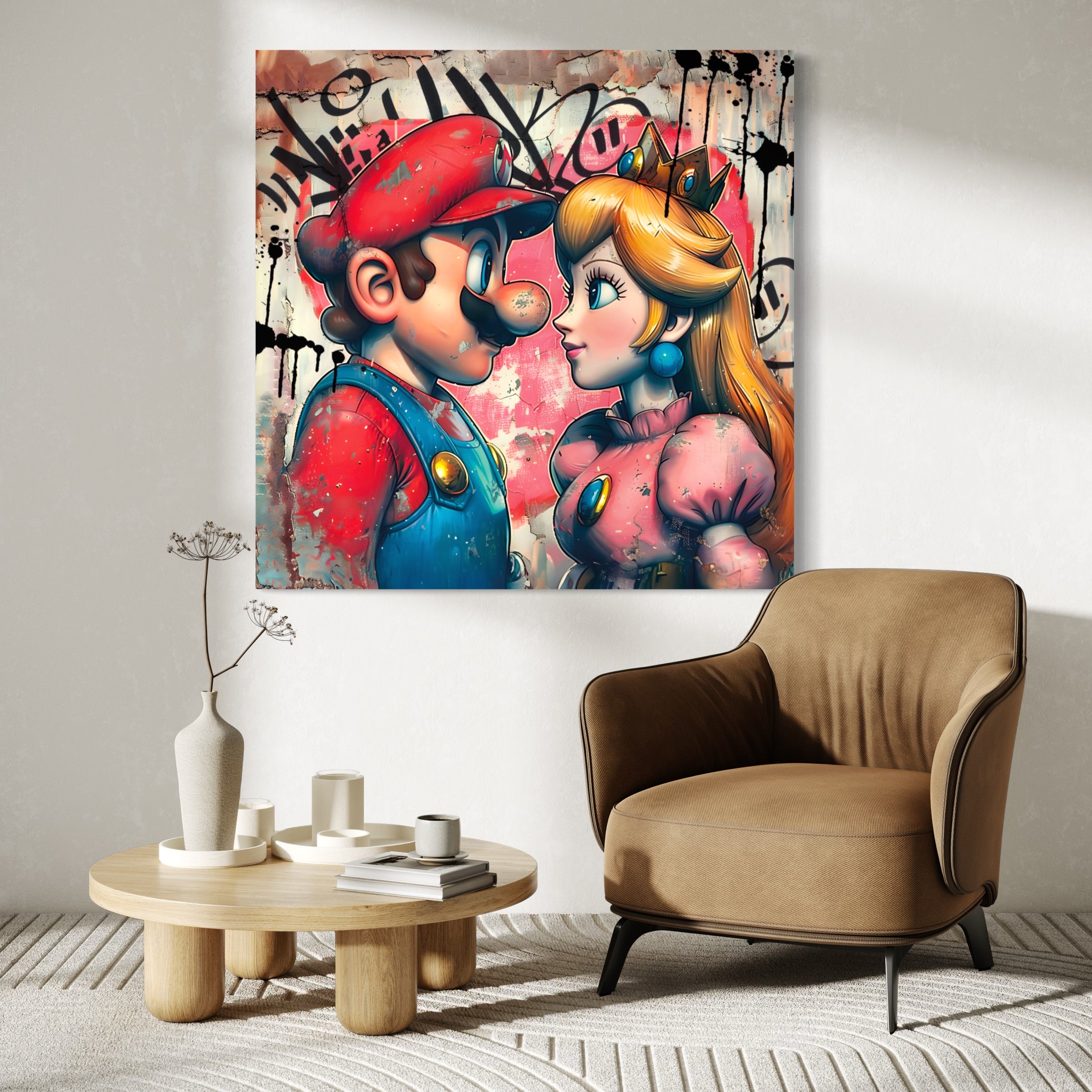Tableau Mario et Princesse Peach Graffiti - Décoration Murale Romantique - Fabulartz.fr