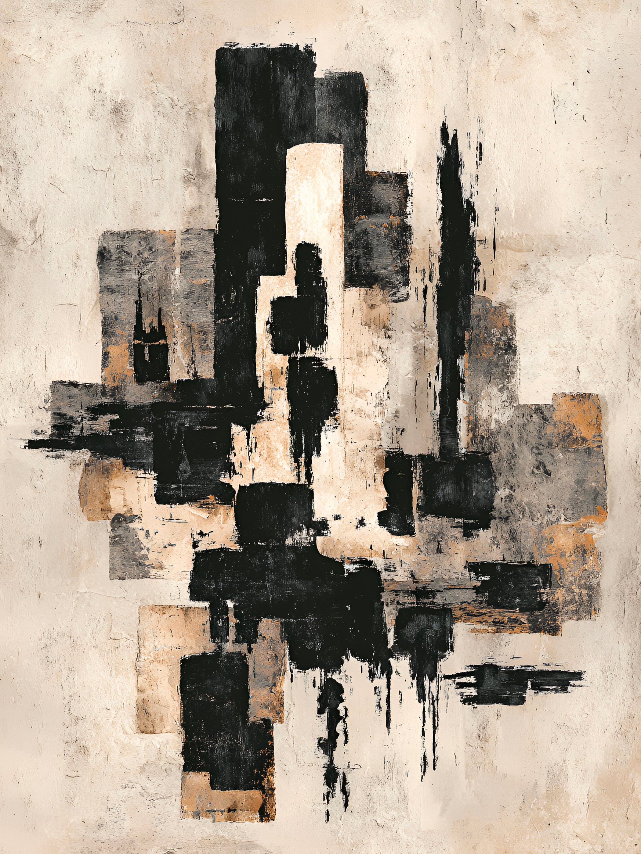 Tableau Japandi abstrait noir et or avec textures minérales et design minimaliste beige sable
