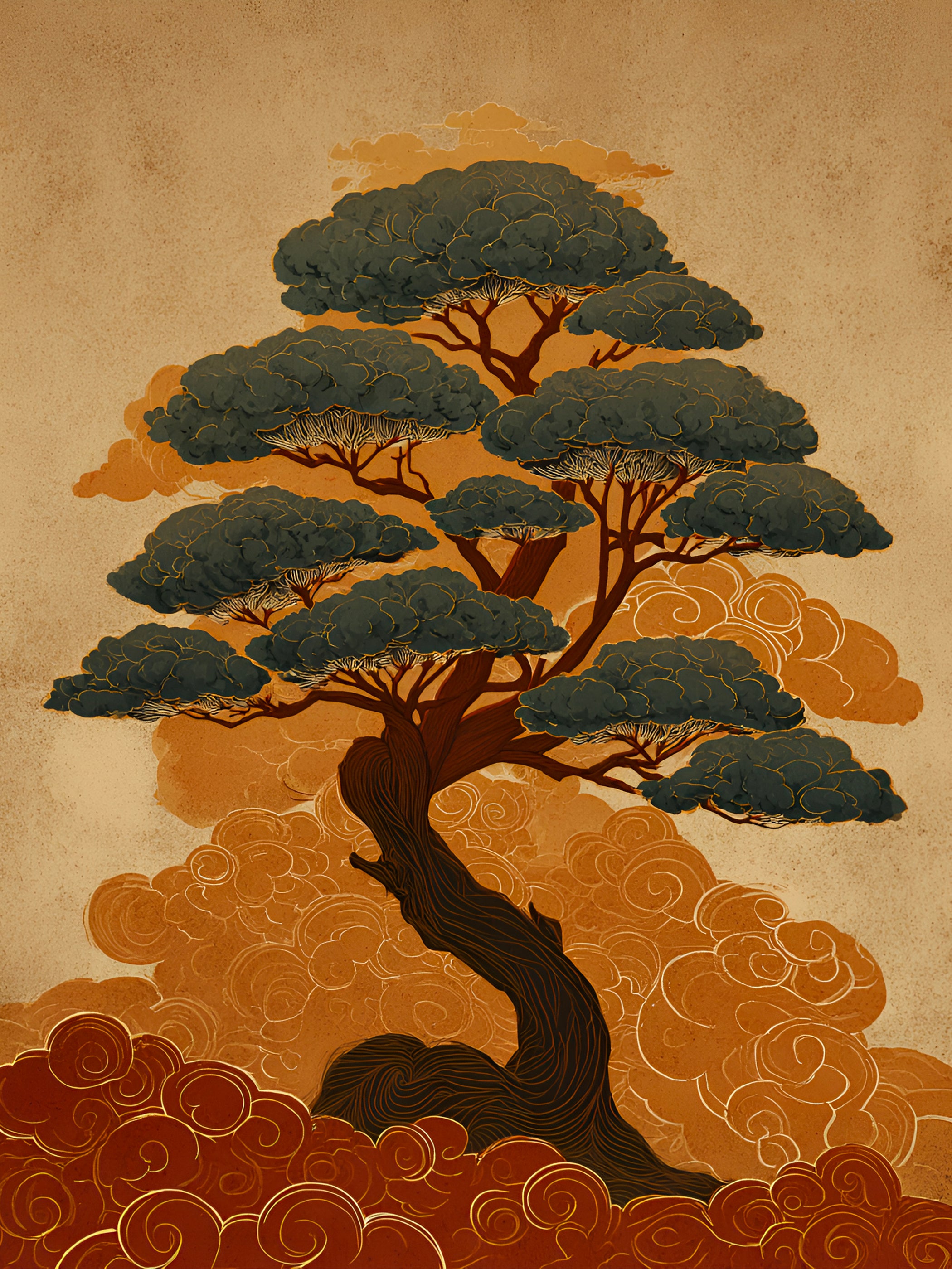 Tableau Japandi Bonsaï Doré – Nuage Impérial