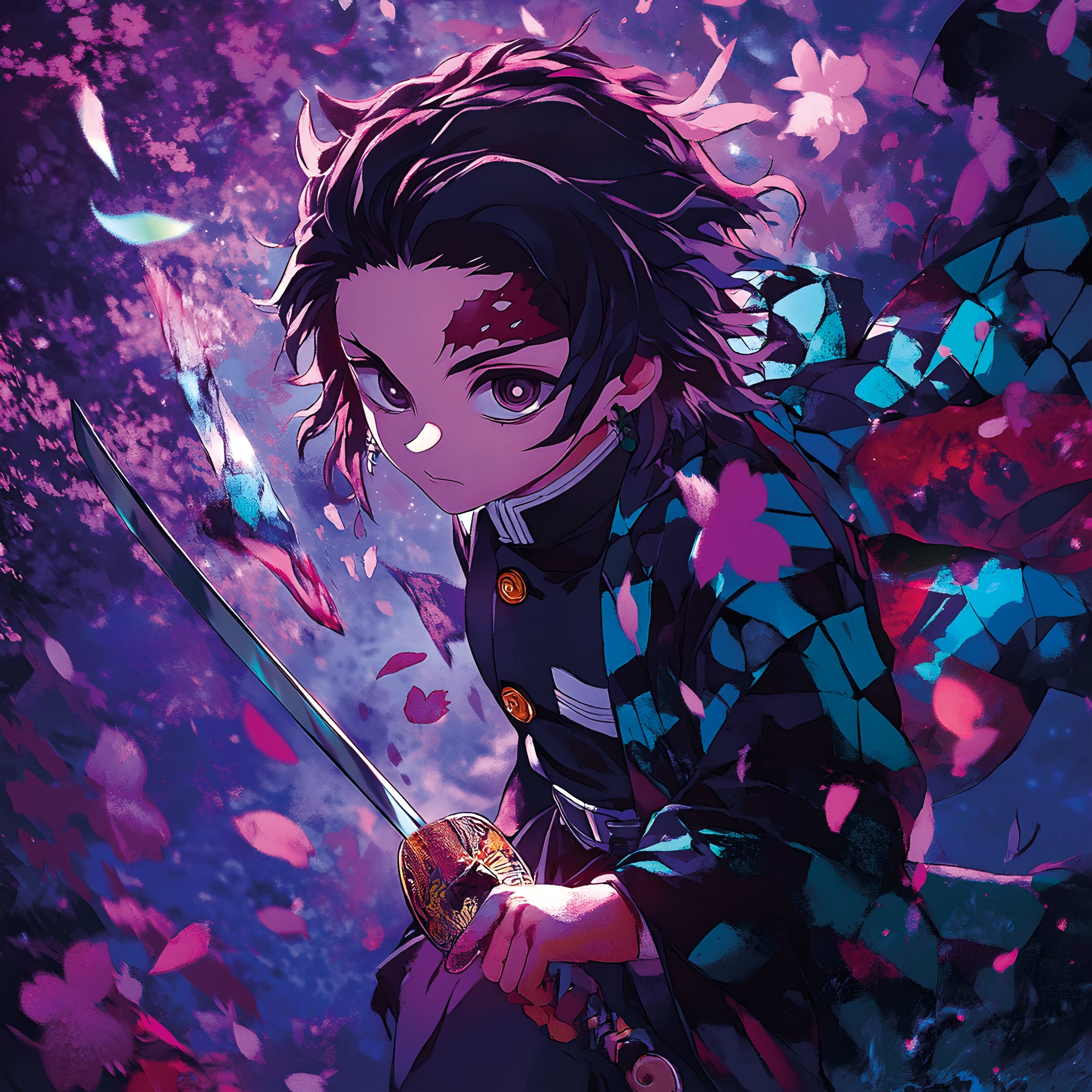 Tableau Demon Slayer Tanjiro Fleurs de Nuit - Décoration Murale Design - Fabulartz.fr
