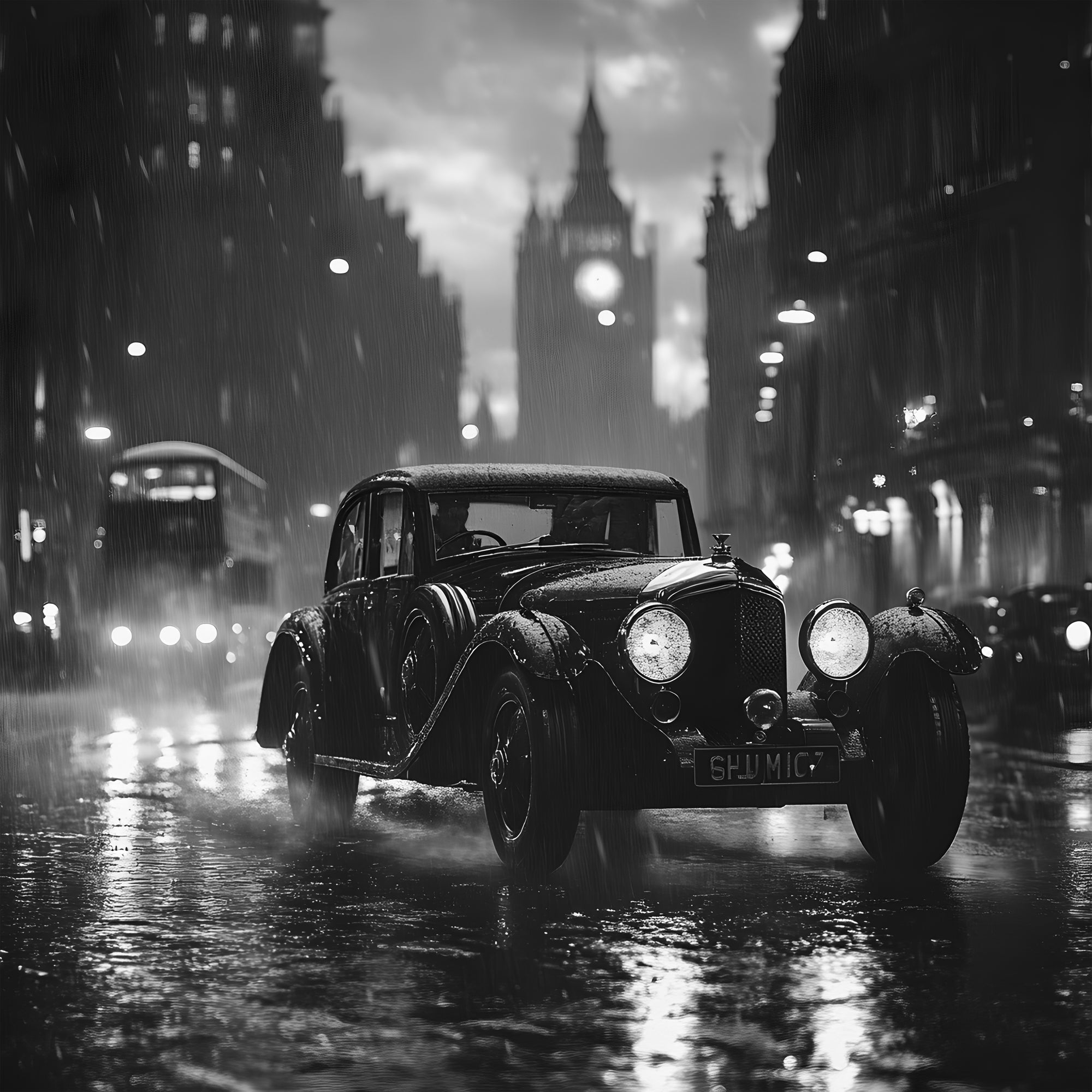 Tableau Londres Voiture Vintage Pluie - Cadre Mural Moderne - Fabulartz.fr