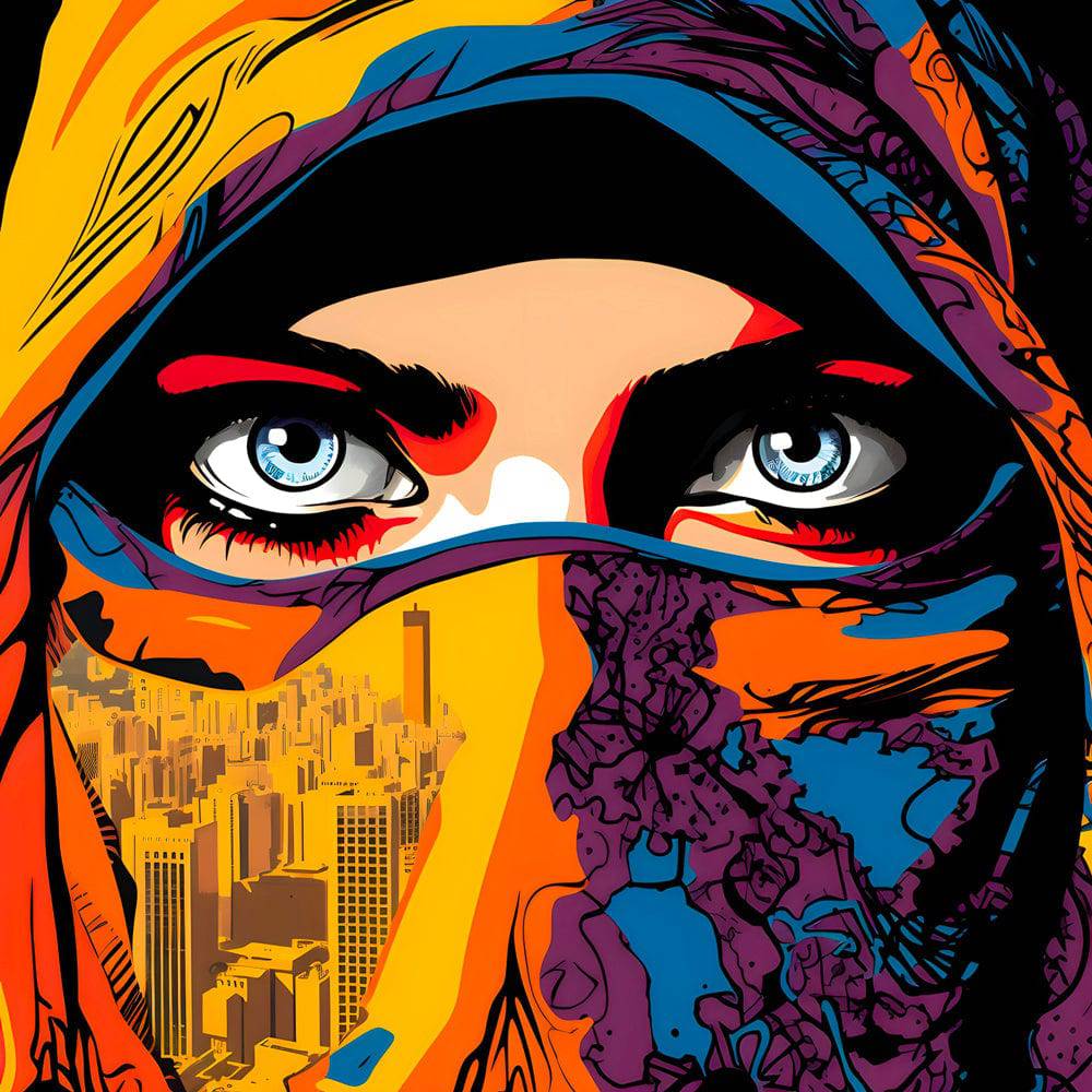 Écho d'Orient: Expression Graphique d'un Visage Voilé - Tableau Oriental - Fabulartz.fr