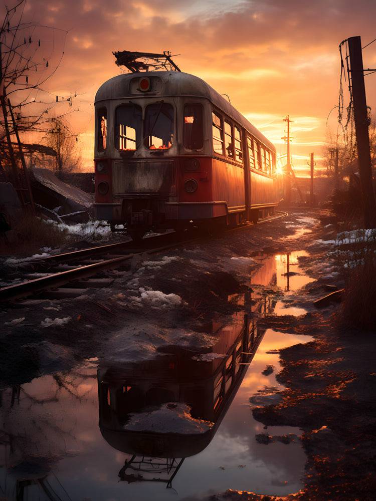 Locomotive dans le Coucher du Soleil - Tableau D'un Train - Fabulartz.fr 