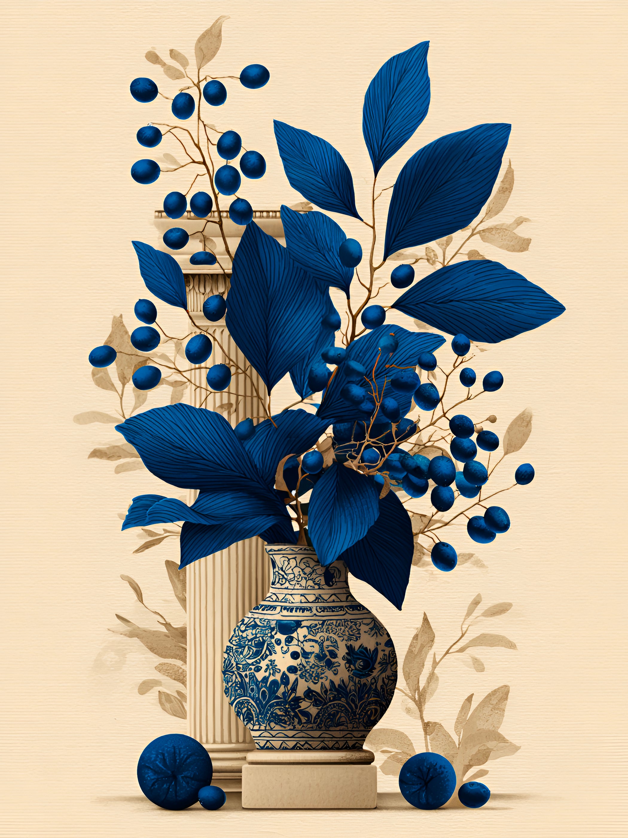 Tableau Coastal Luxe Vase Bleu Méditerranéen & Feuillage Azur