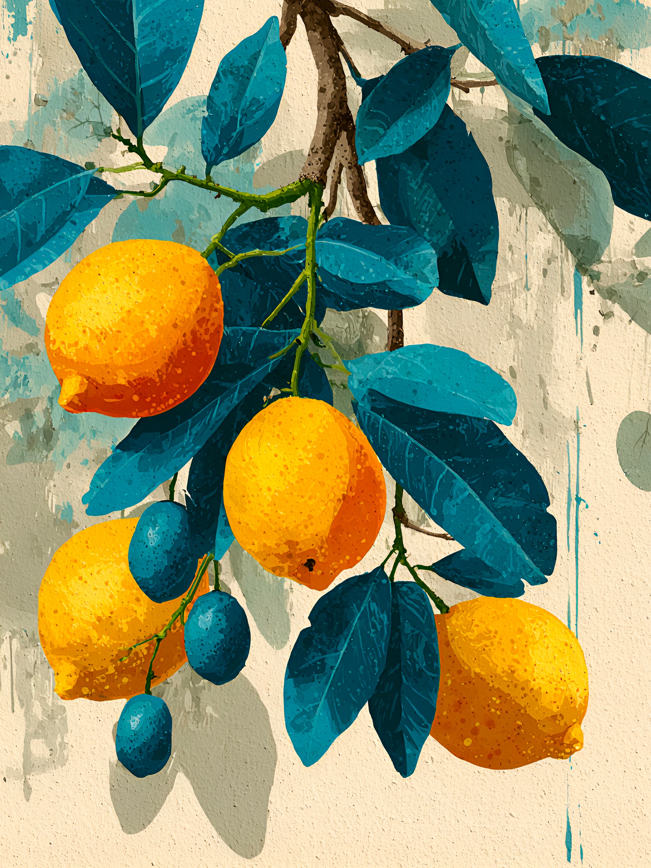 Tableau Coastal Luxe Citrons Méditerranéens et Feuillage Bleu