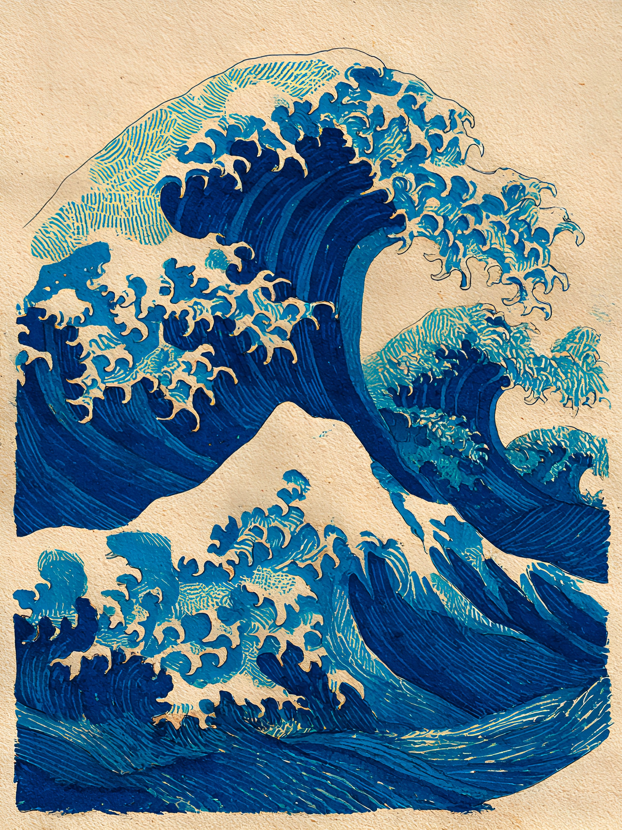 Tableau Coastal Luxe Grande Vague Japonaise & Art Océan Bleu