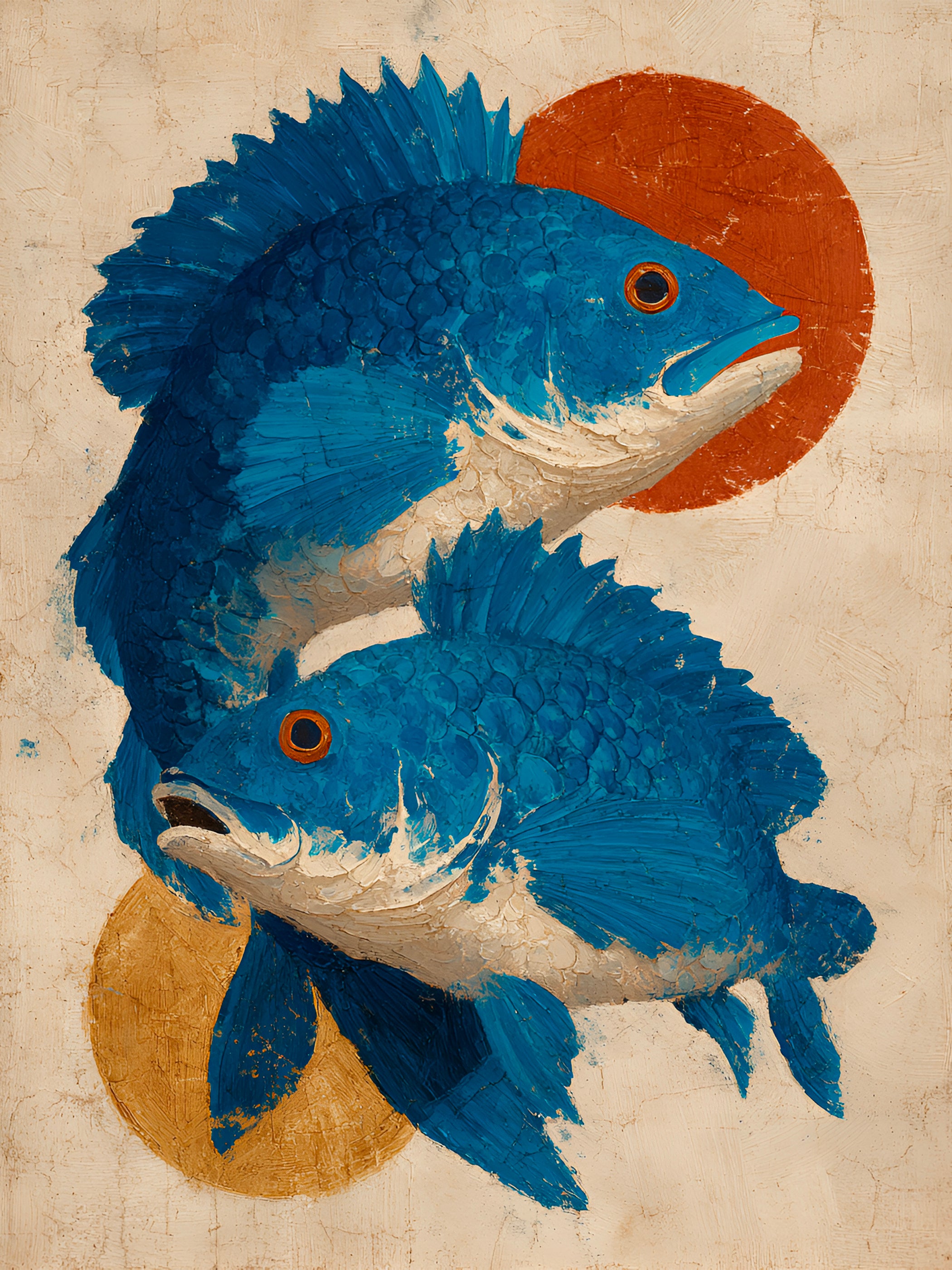 Tableau Coastal Luxe Poissons Bleus Méditerranéens & Soleil Terracotta