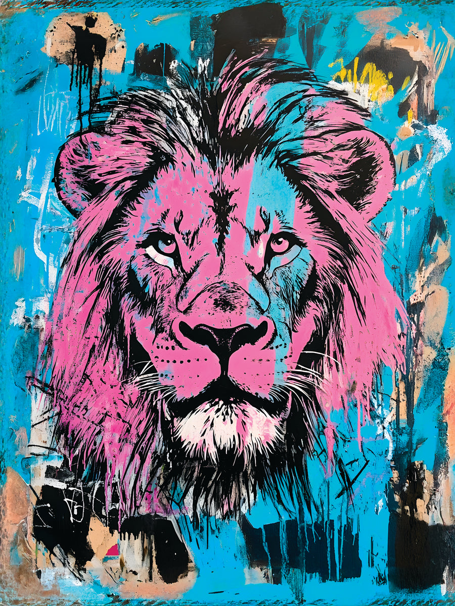Tableau Lion Rose Et Bleu - Décoration Murale Design