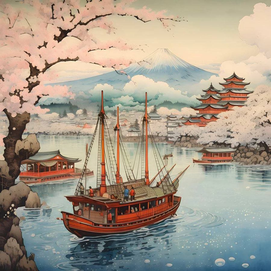 Pittura giapponese che naviga ai piedi del Fuji - Decorazione murale tranquilla