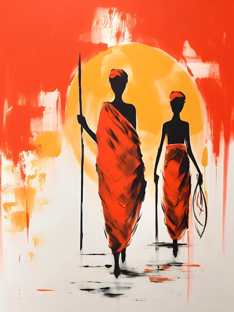 Tableau Africain Abstrait en Orange – Silhouettes Modernes - Fabulartz.fr