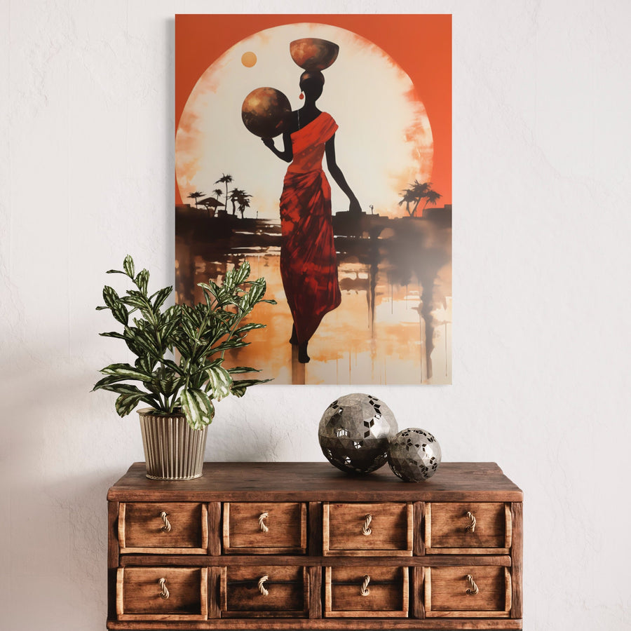 Tableau Africain Femme en Rouge – Coucher de Soleil Moderne