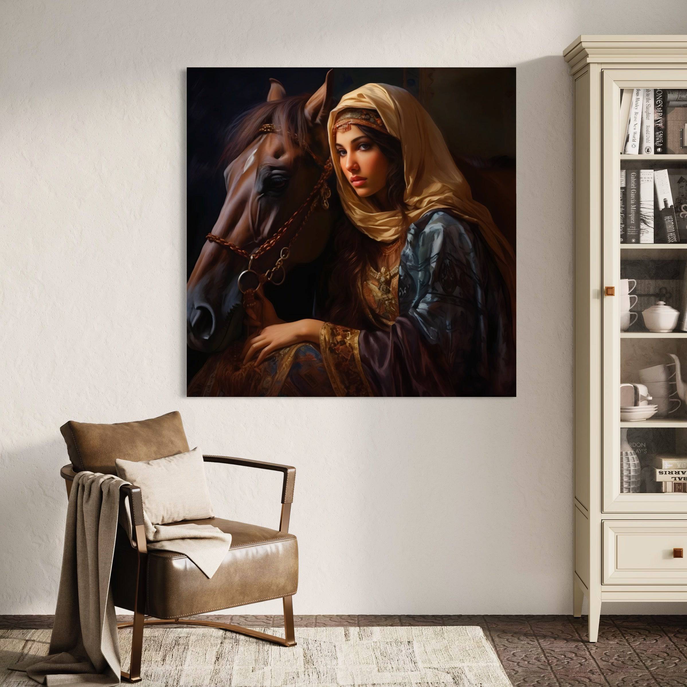 Tableau d'une Femme et son Cheval Arabe - Fabulartz.fr