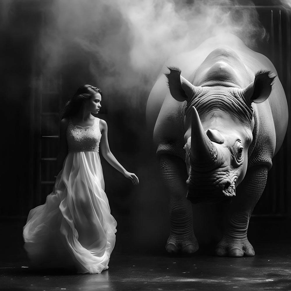 Tableau Noir et Blanc - La Femme et le Rhinocéros - Deco - Fabulartz.fr