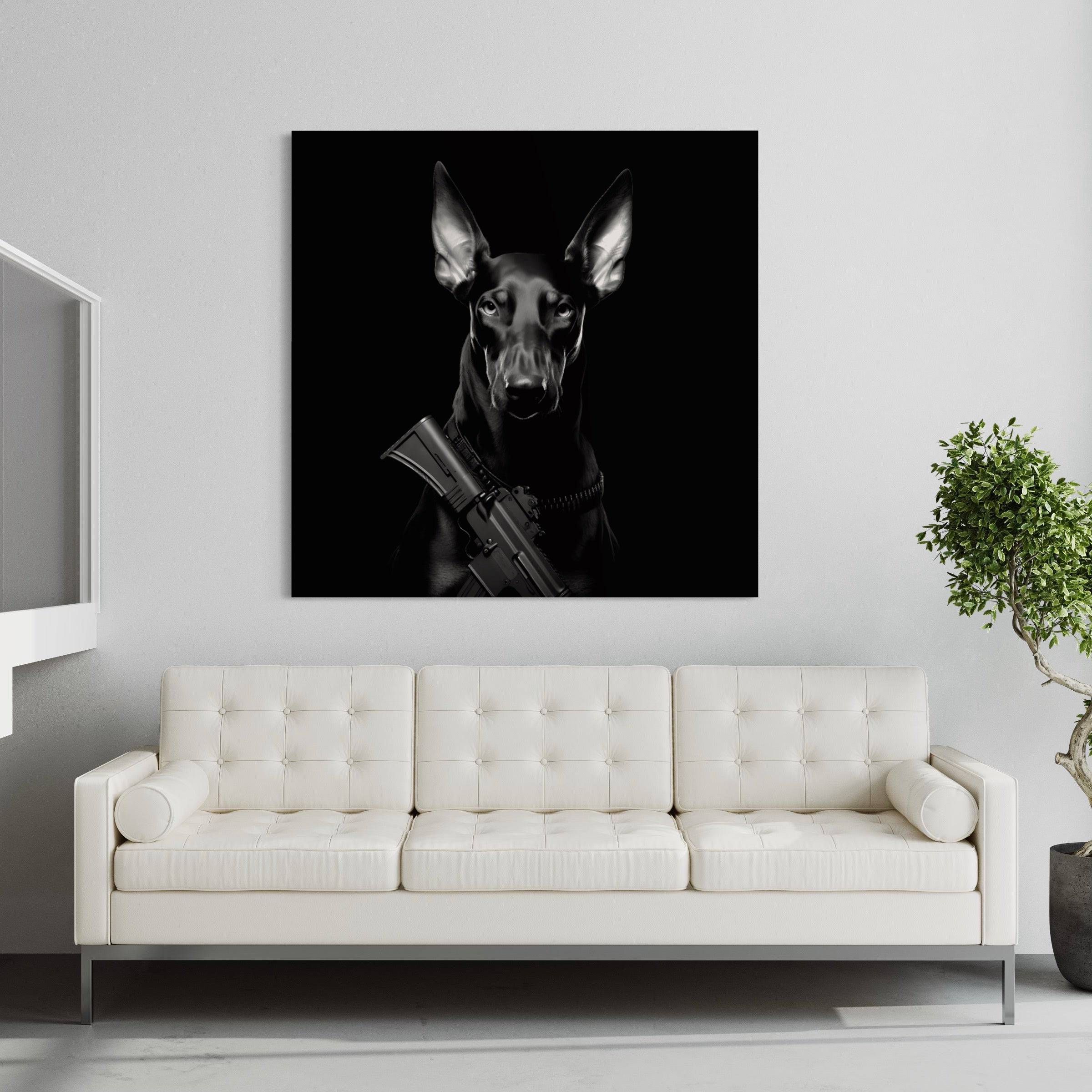 Tableau Noir et Blanc - Le Gardien - Dobermann - Fabulartz.fr 