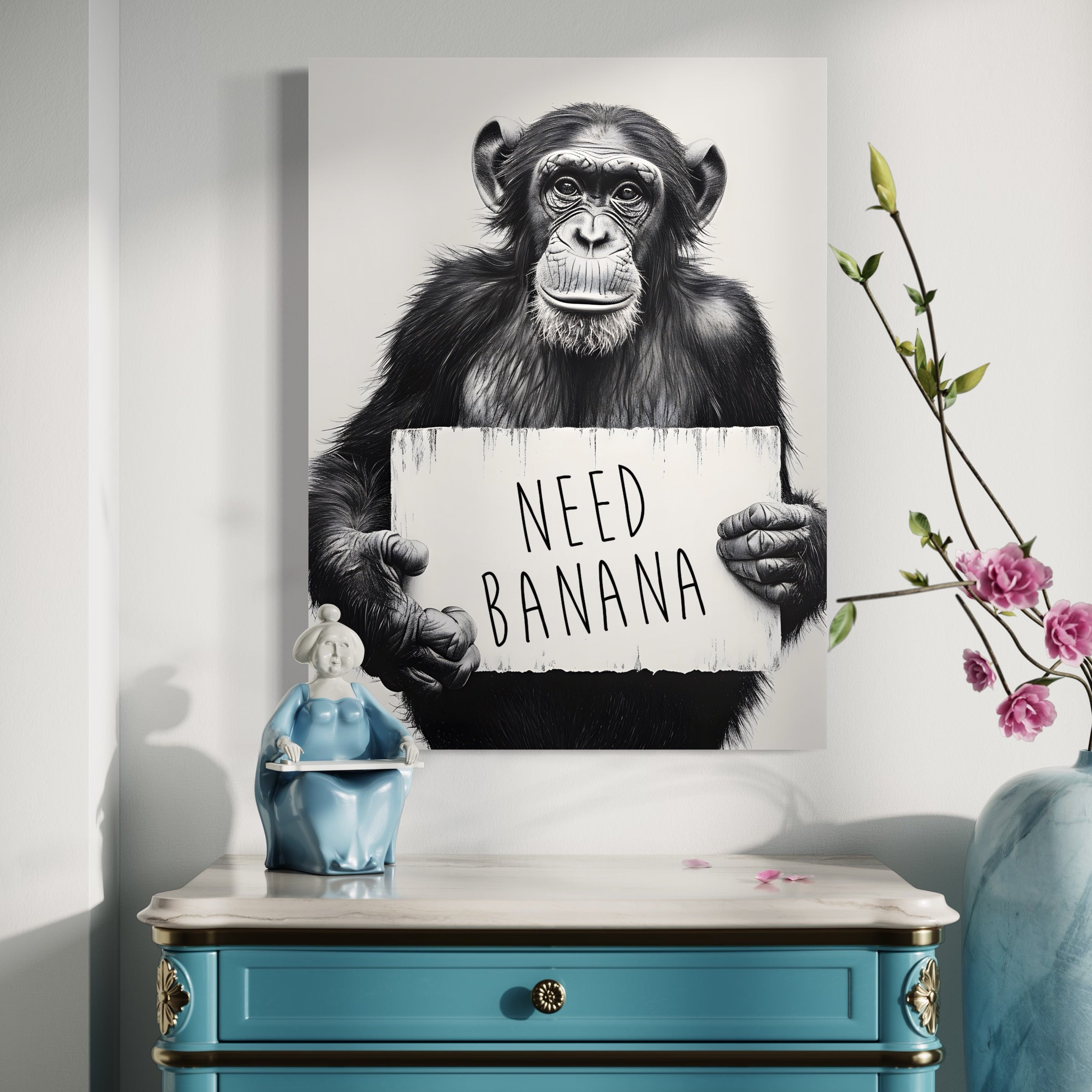 Tableau Singe 'NEED BANANA' – Déco Murale Monochrome - Fabulartz.fr