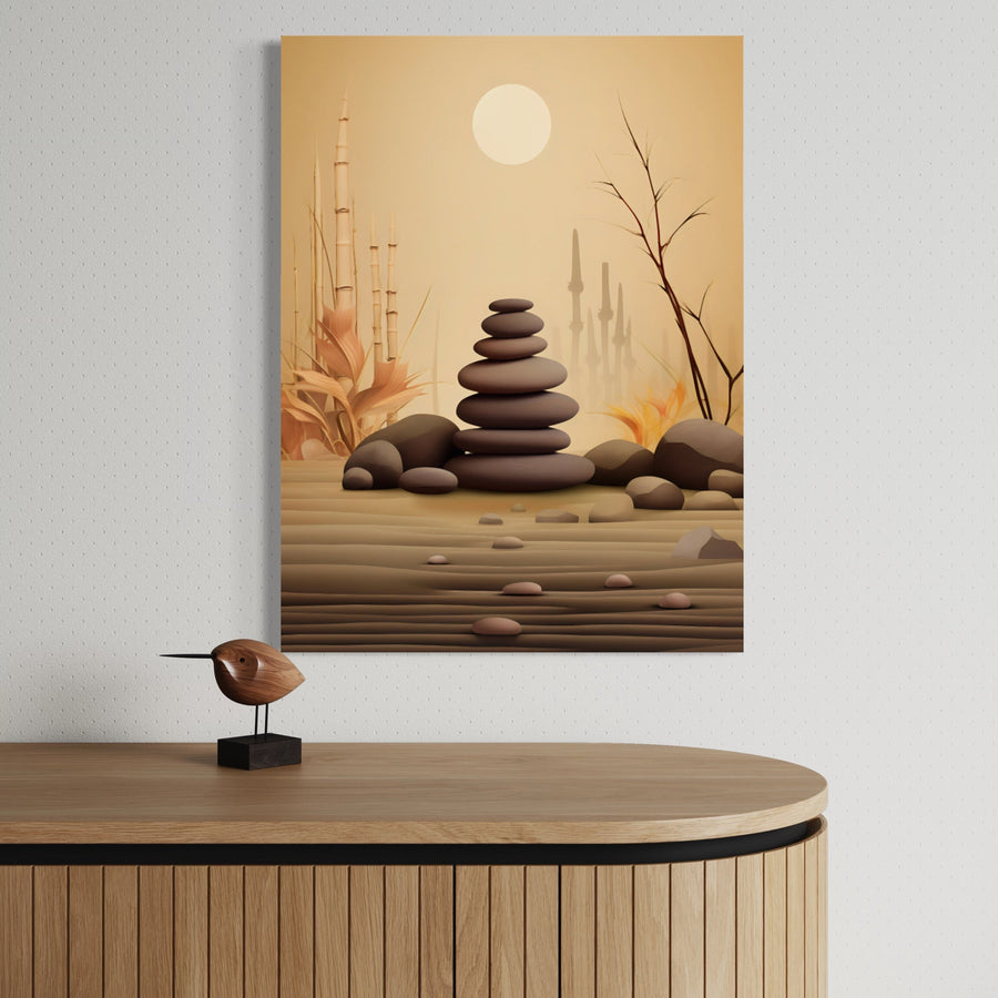 Quadro zen Aurora e pietre impilate - Decorazione murale pacifica