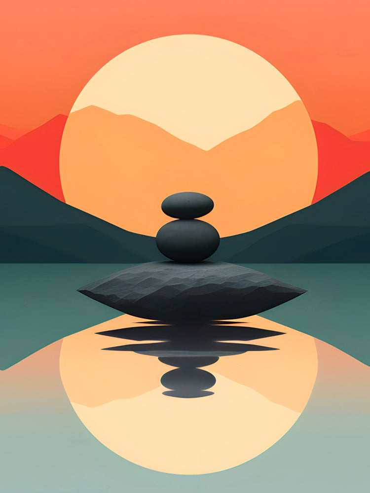 Pittura Zen con pietre impilate - Atmosfera Feng Shui - Decorazione murale moderna