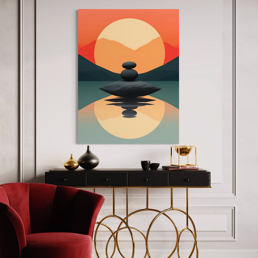 Pittura Zen con pietre impilate - Atmosfera Feng Shui - Decorazione murale moderna
