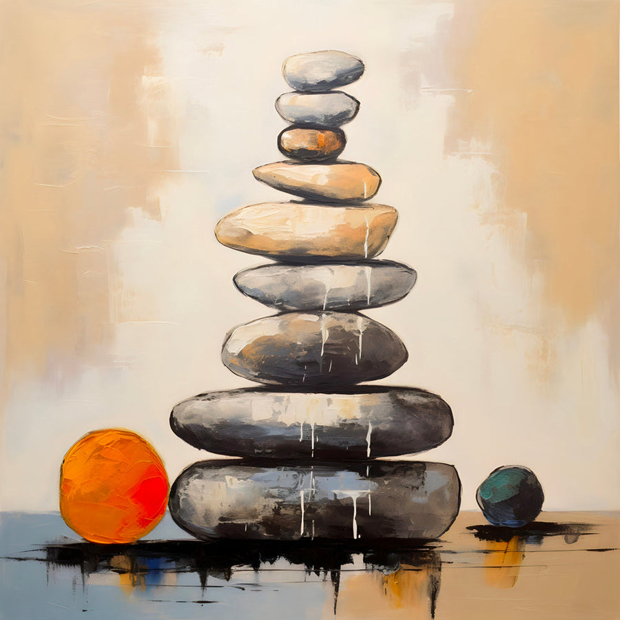 Pittura Zen con pietre impilate - Calore ed equilibrio - Decorazione murale