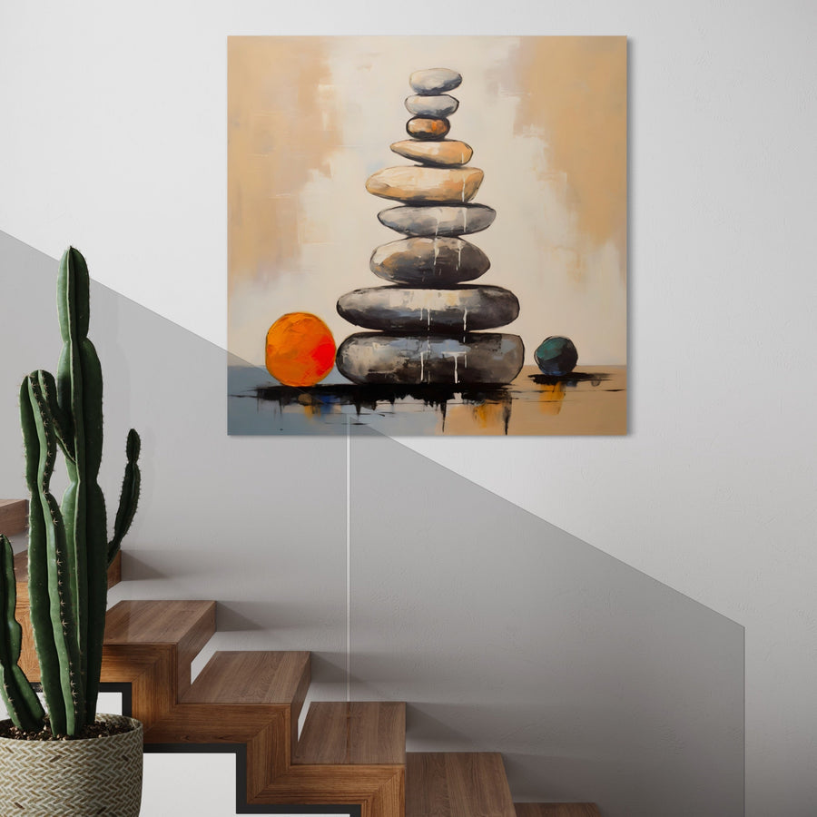 Pittura Zen con pietre impilate - Calore ed equilibrio - Decorazione murale