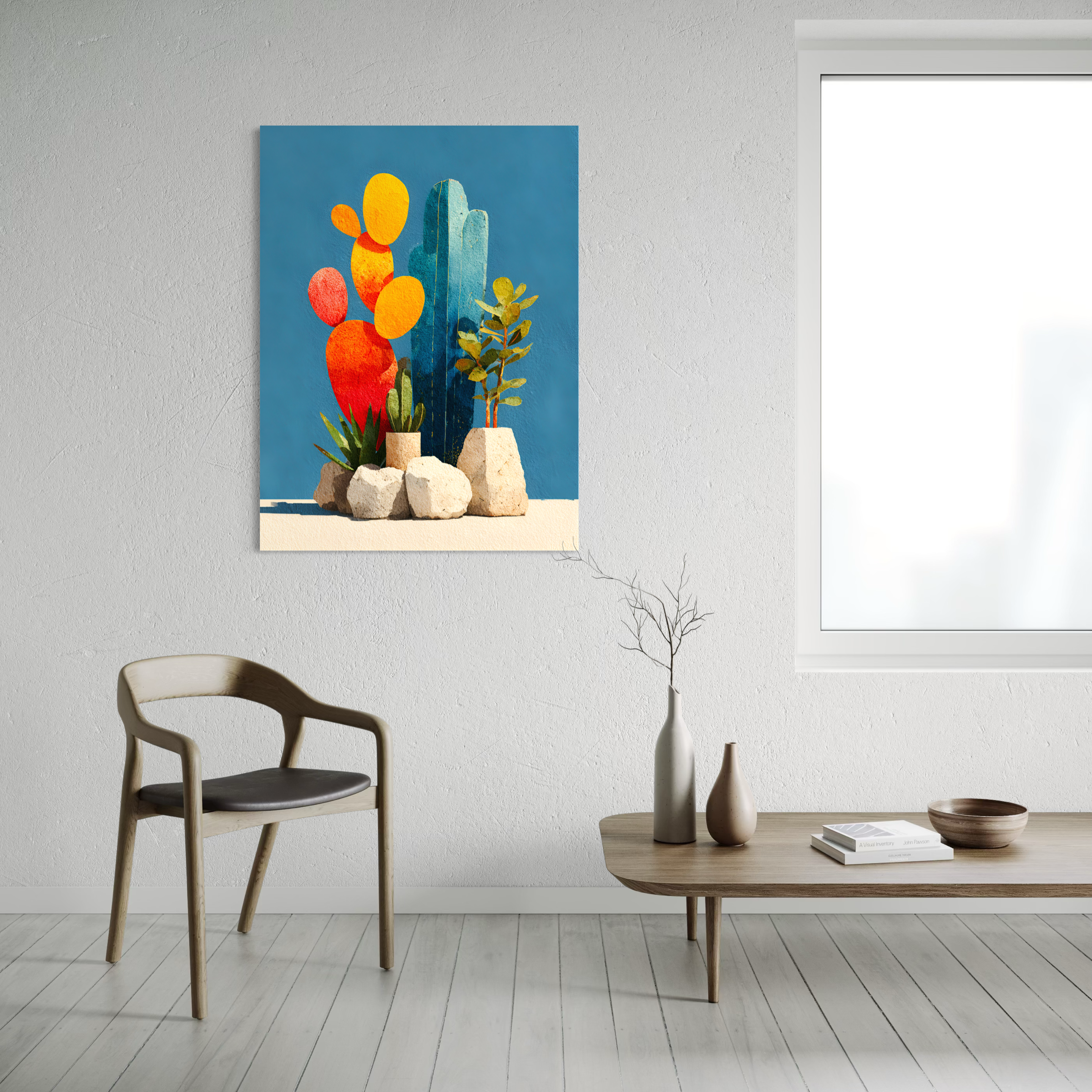 Tableau Coastal Luxe représentant des cactus abstraits bleu azur et végétaux méditerranéens dans un style contemporain minimaliste