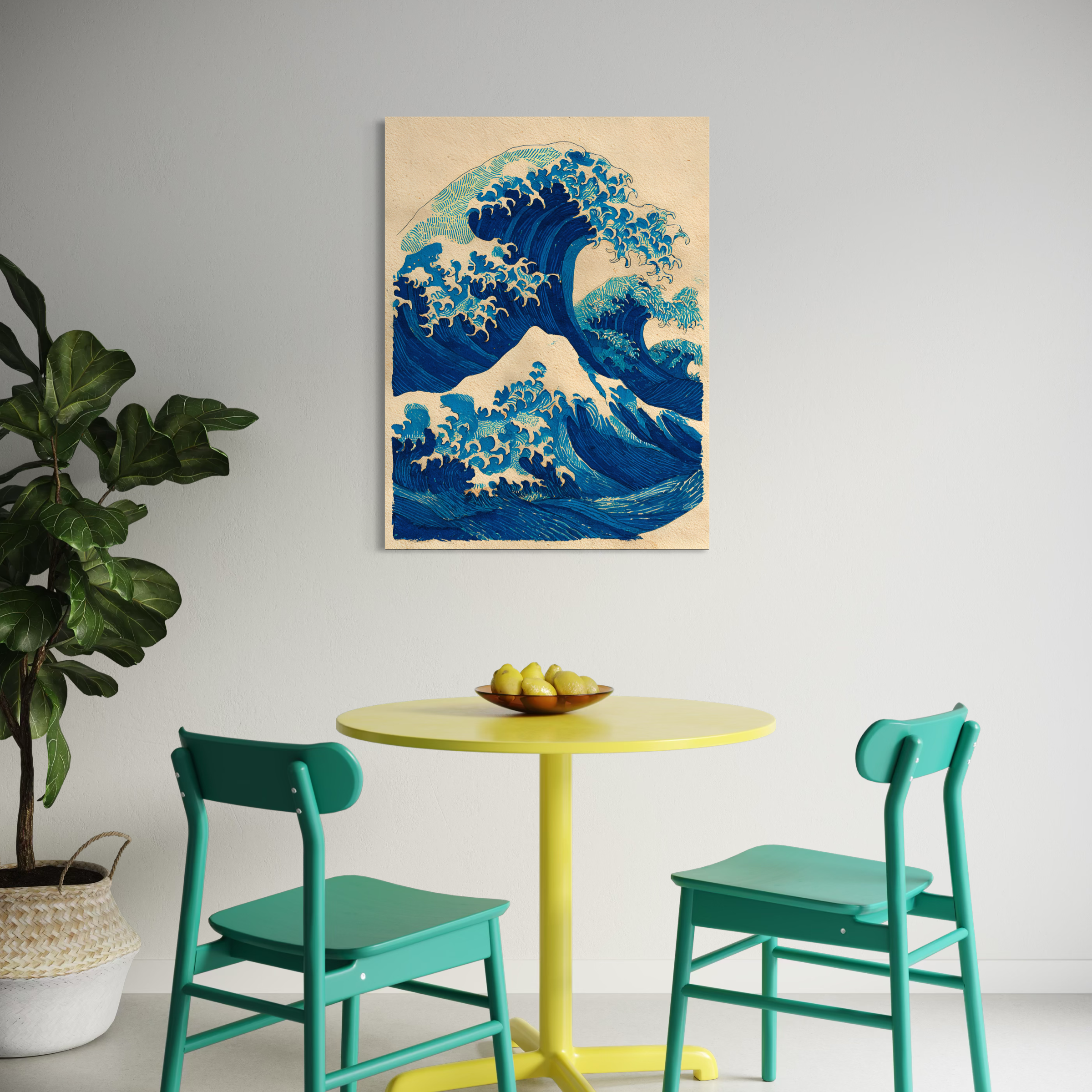 Tableau Coastal Luxe représentant de grandes vagues bleues inspirées de l’art japonais et du style méditerranéen contemporain