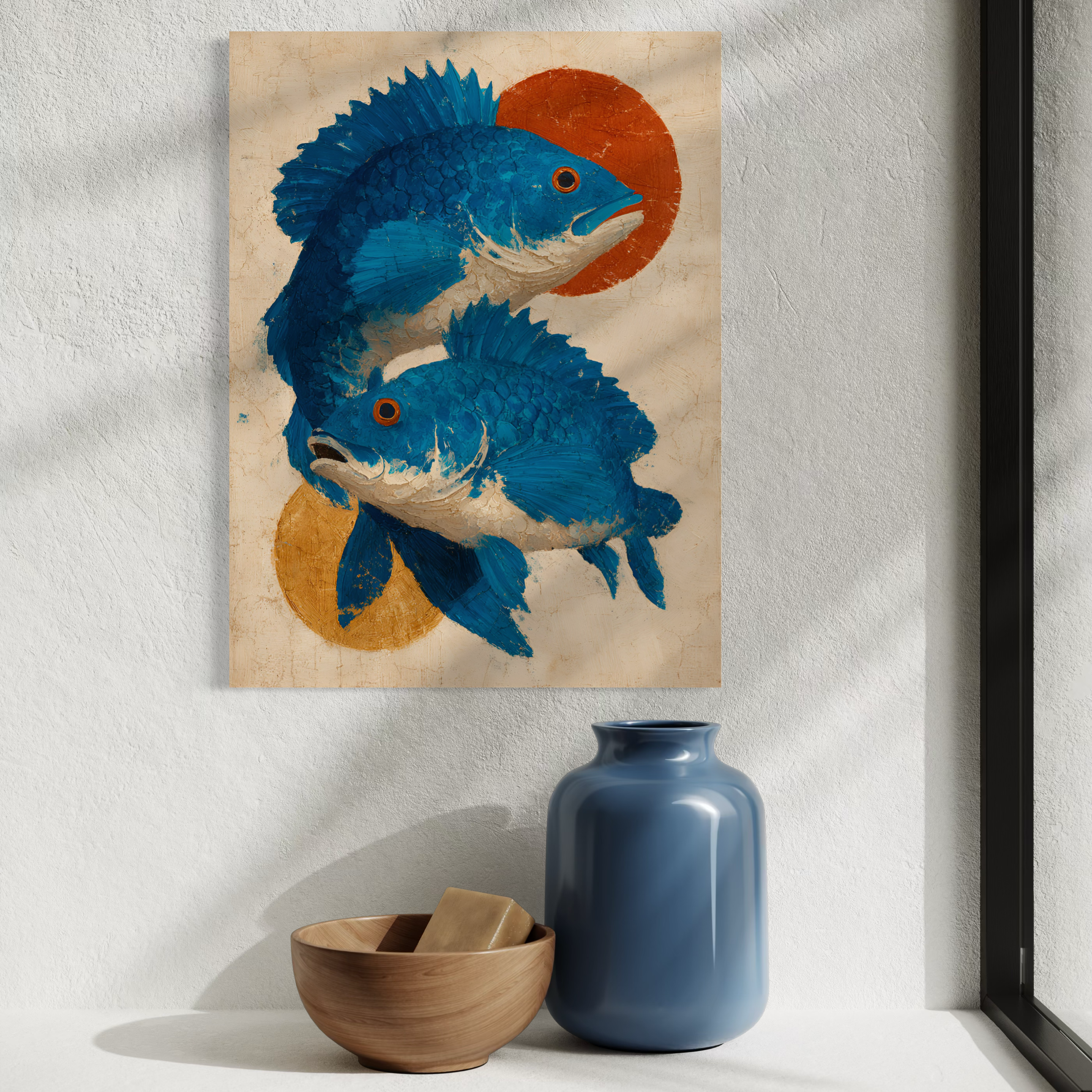 Tableau Coastal Luxe représentant deux poissons bleus artistiques dans un style méditerranéen contemporain et élégant
