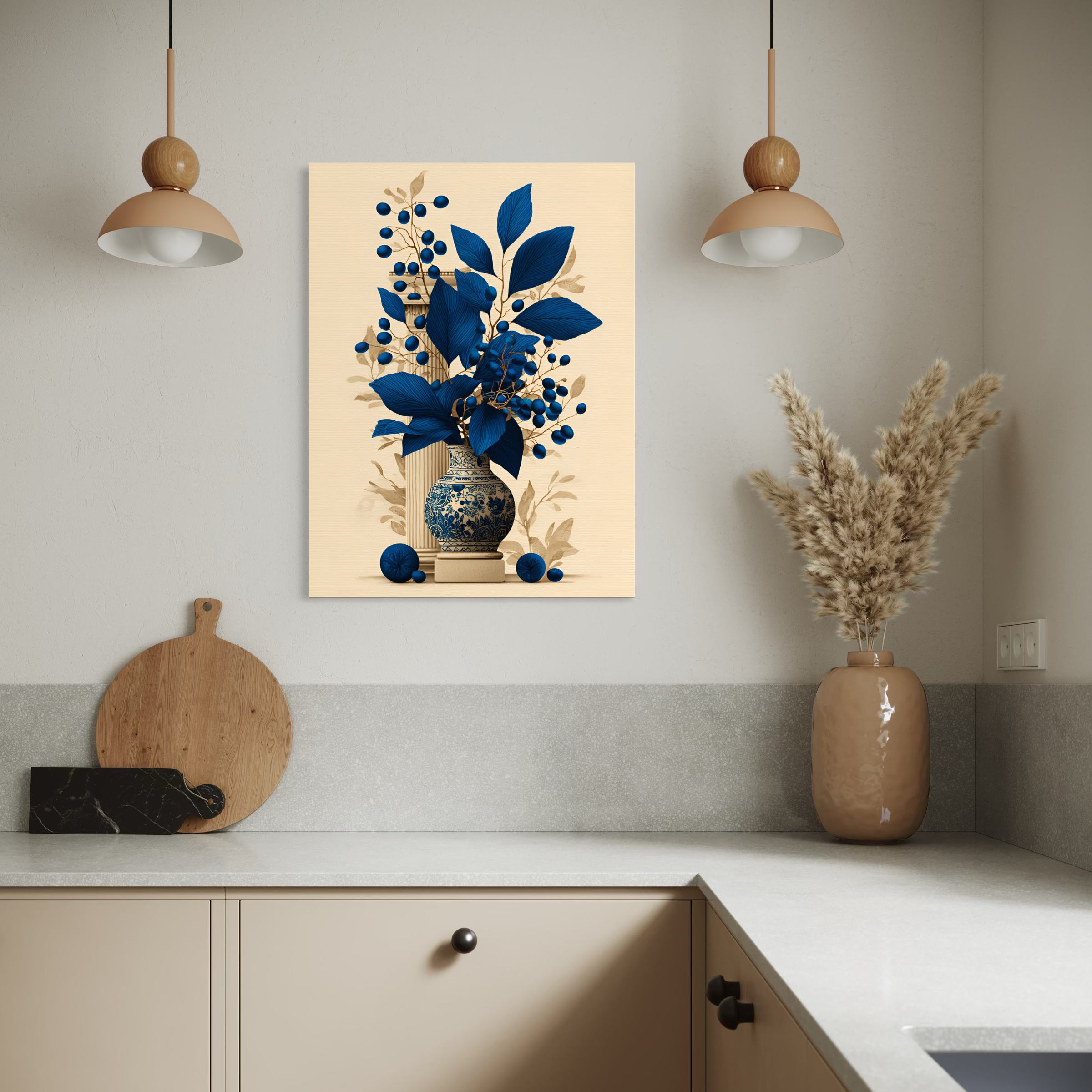 Tableau Coastal Luxe représentant un vase bleu méditerranéen avec feuillage botanique azur dans un style élégant et contemporain