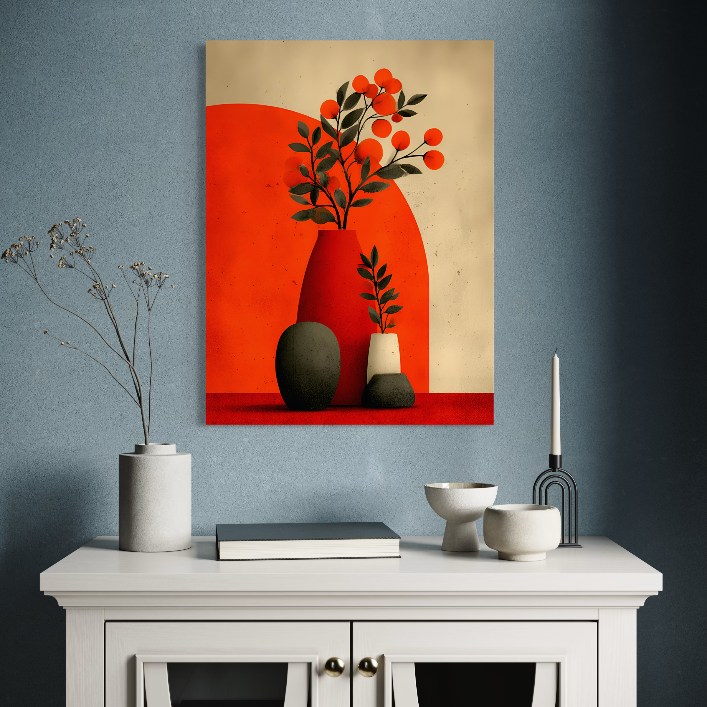 Tableau Coastal Luxe représentant des vases rouges minimalistes avec feuillage méditerranéen dans une ambiance terracotta moderne