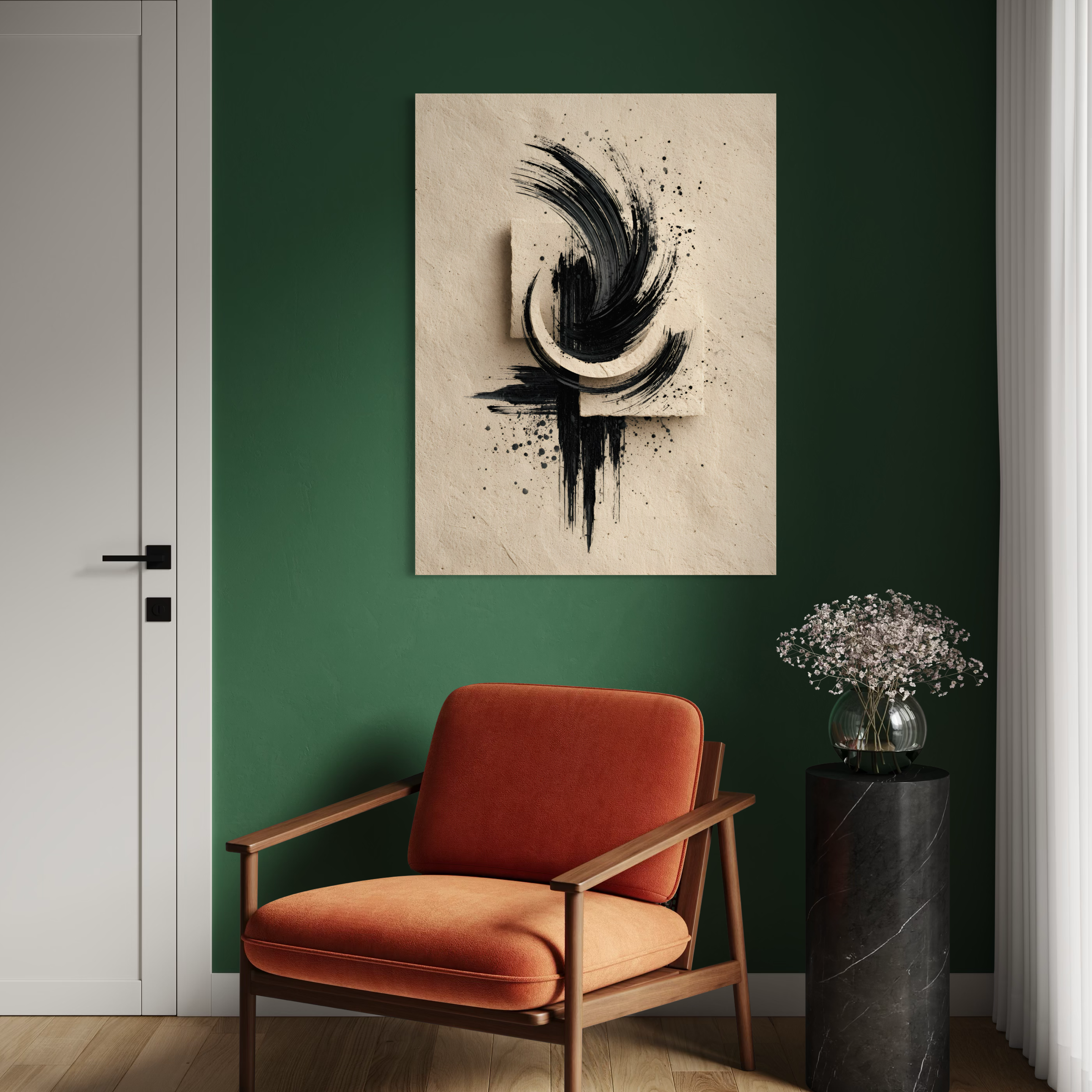 Tableau Japandi représentant un cercle abstrait noir en encre japonaise sur fond beige texturé dans un style zen et minimaliste